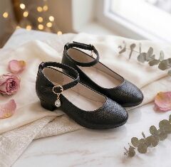Girls Black Textured Ankle Strap High Heel Dress Shoes | Lucys