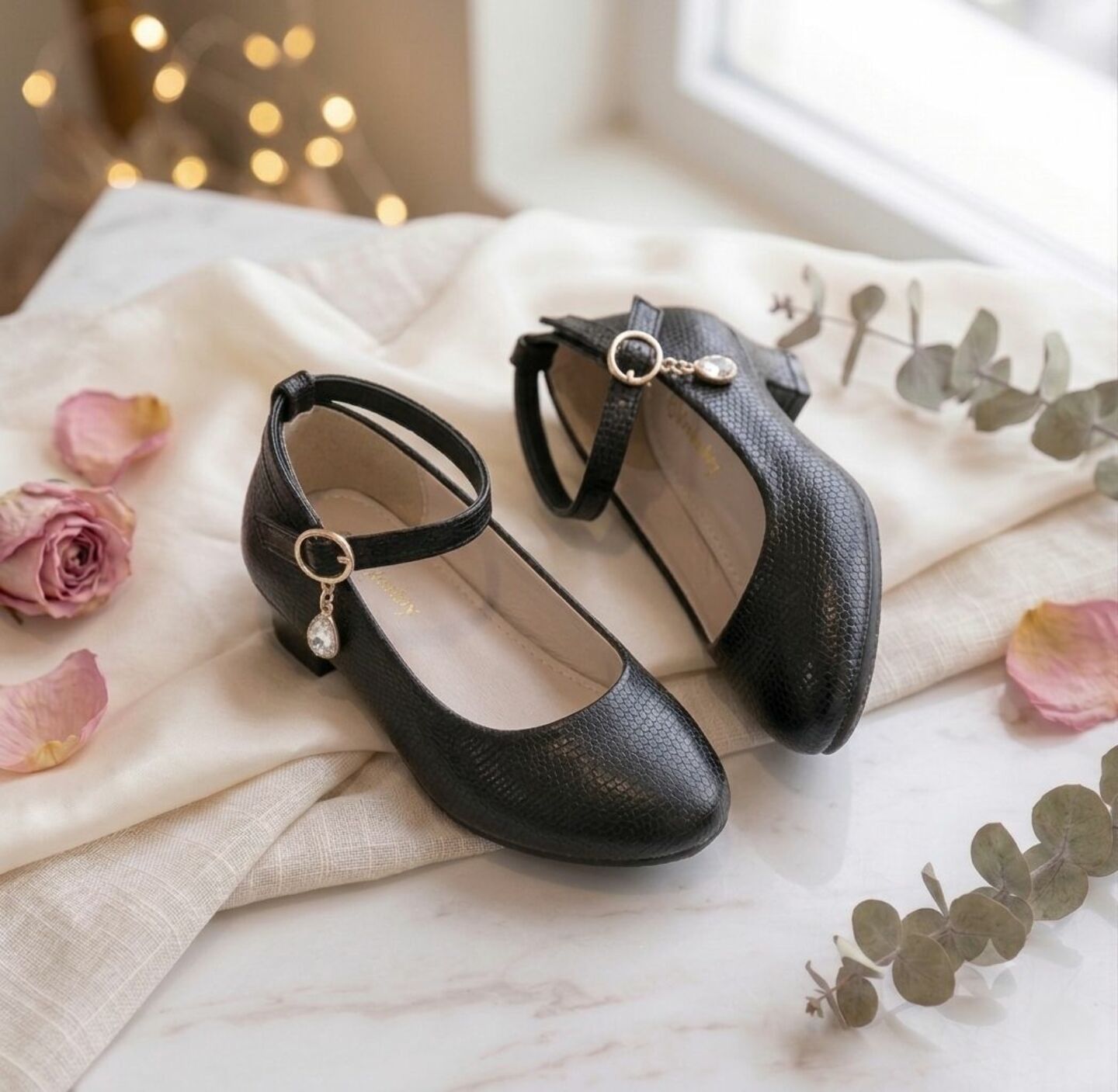 Girls Black Textured Ankle Strap High Heel Dress Shoes | Lucys
