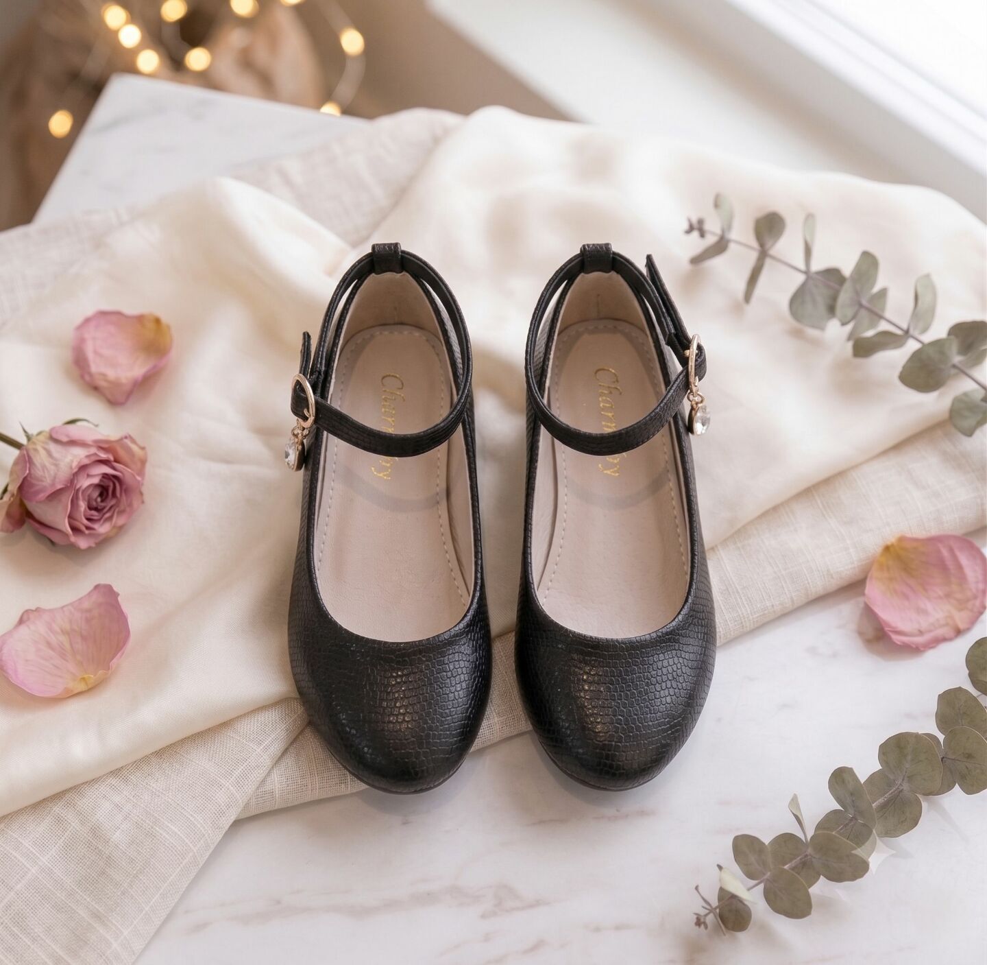 Girls Black Textured Ankle Strap High Heel Dress Shoes | Lucys