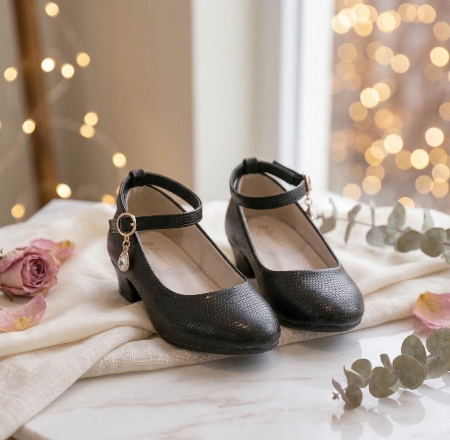 Girls Black Textured Ankle Strap High Heel Dress Shoes | Lucys