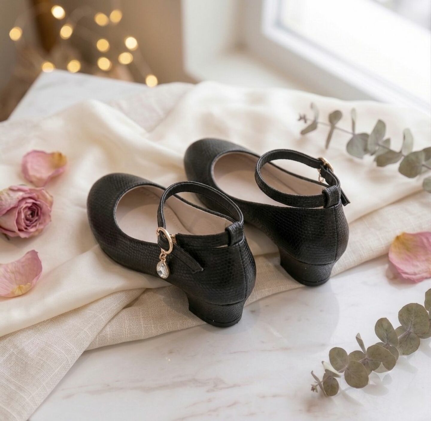 Girls Black Textured Ankle Strap High Heel Dress Shoes | Lucys