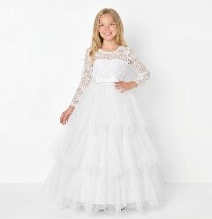 Ann White Lace Long Sleeve Flower Girl Bridesmaid Dress | Lucys