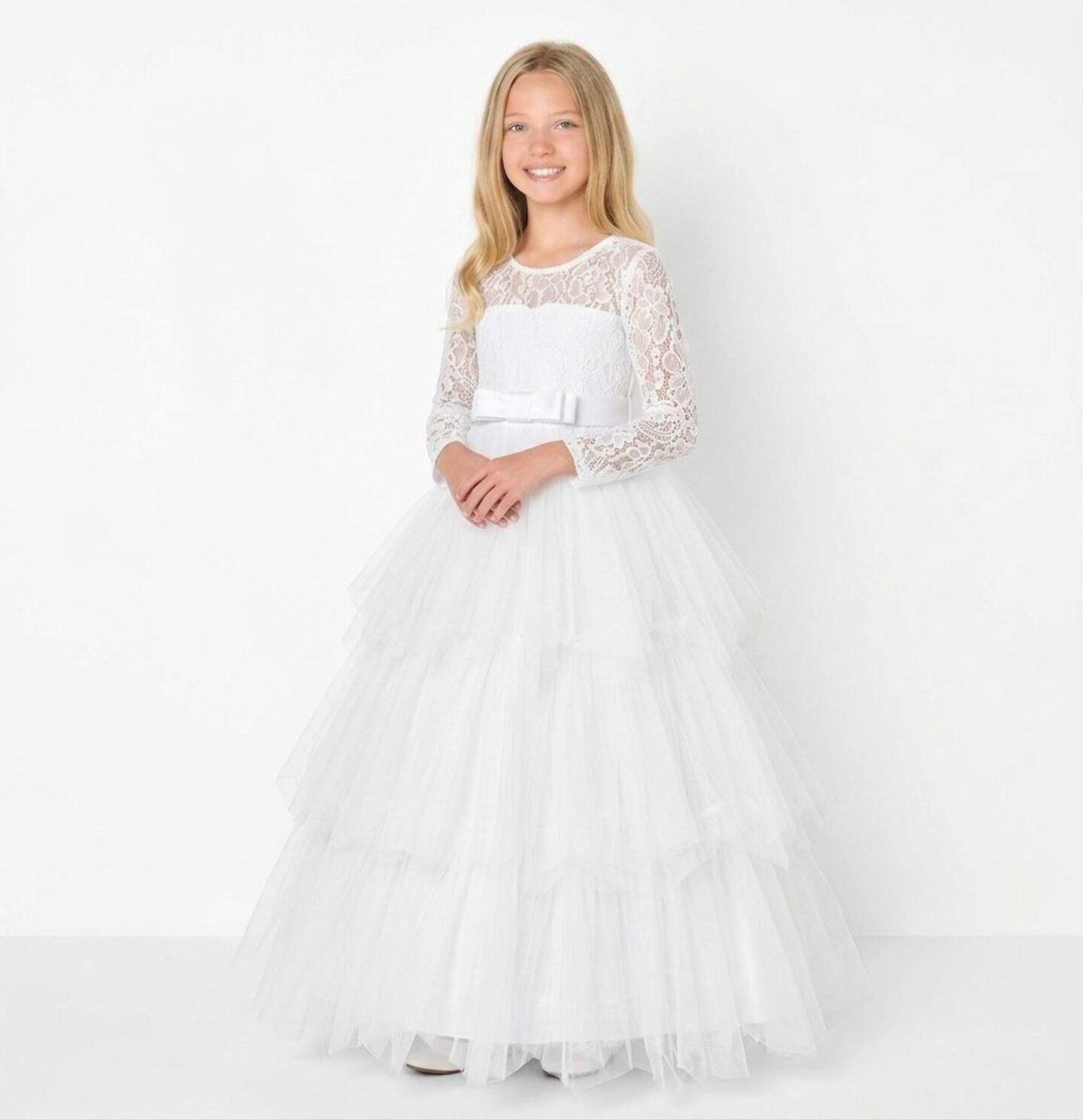 Ann White Lace Long Sleeve Flower Girl Bridesmaid Dress | Lucys