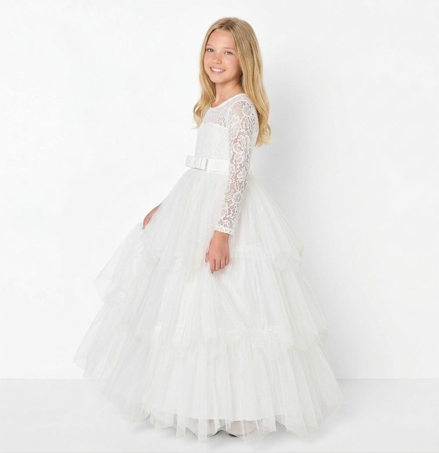 Ann White Lace Long Sleeve Flower Girl Bridesmaid Dress | Lucys