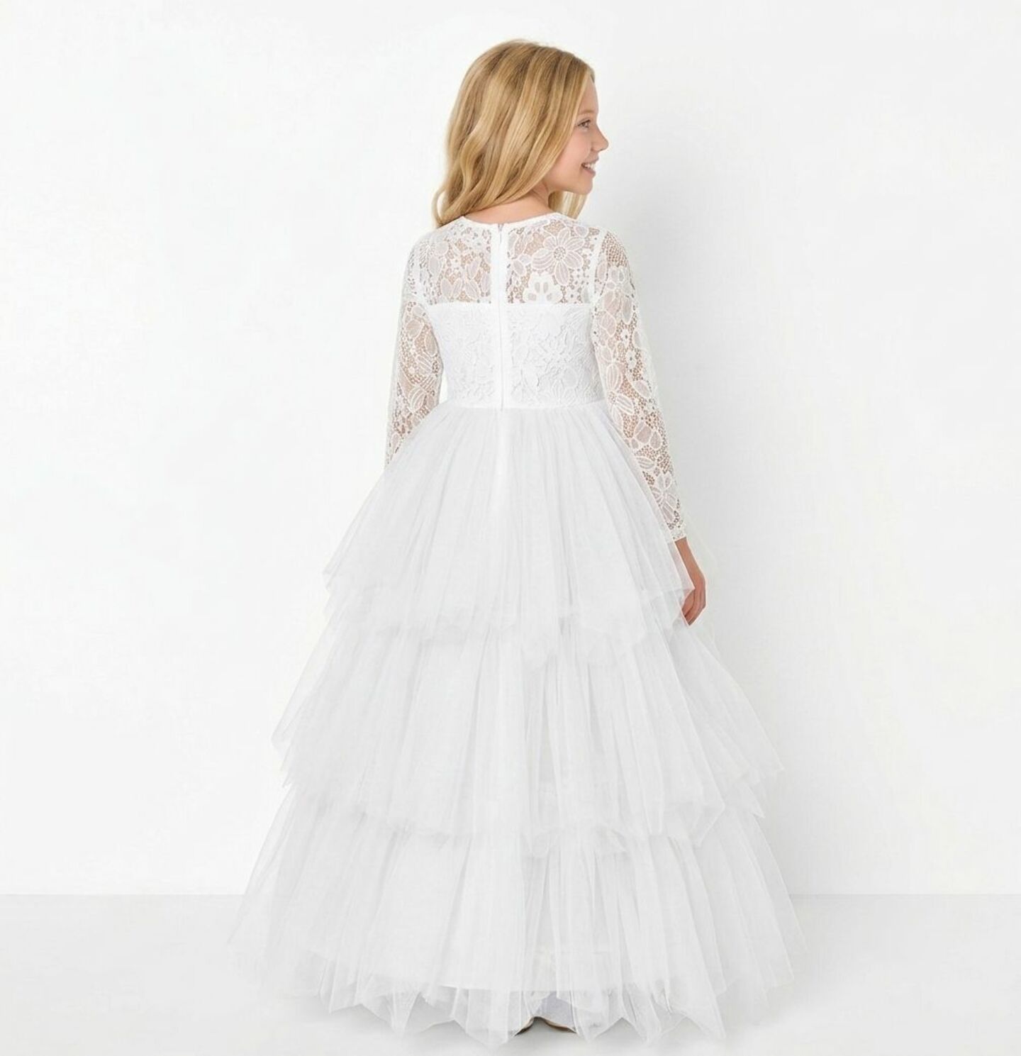 Ann White Lace Long Sleeve Flower Girl Bridesmaid Dress | Lucys