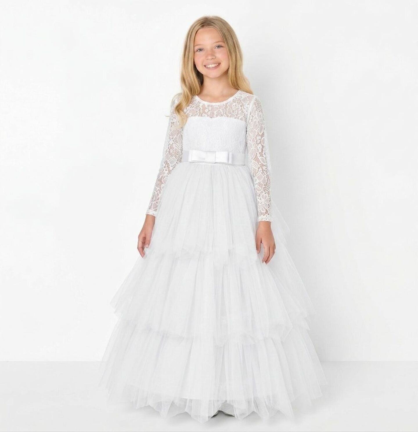 Ann White Lace Long Sleeve Flower Girl Bridesmaid Dress | Lucys