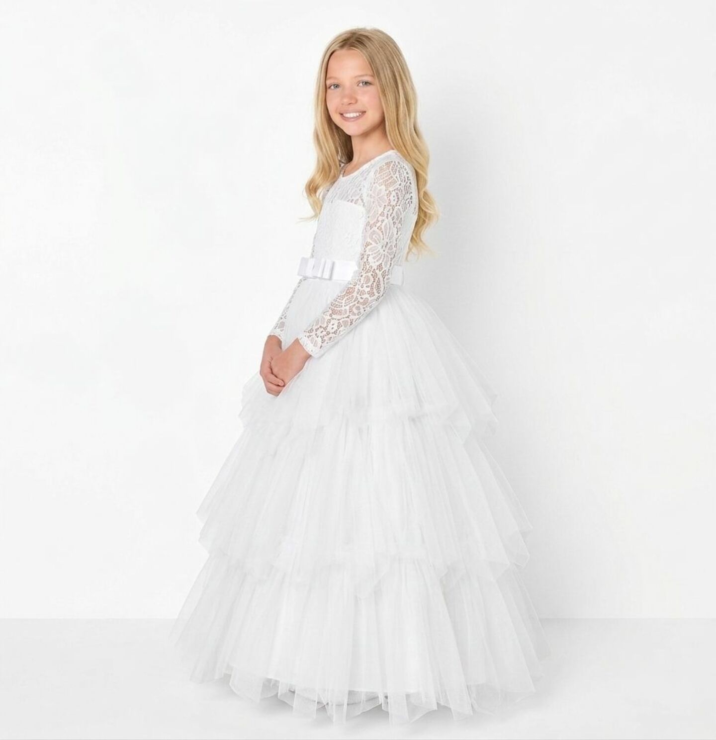 Ann White Lace Long Sleeve Flower Girl Bridesmaid Dress | Lucys