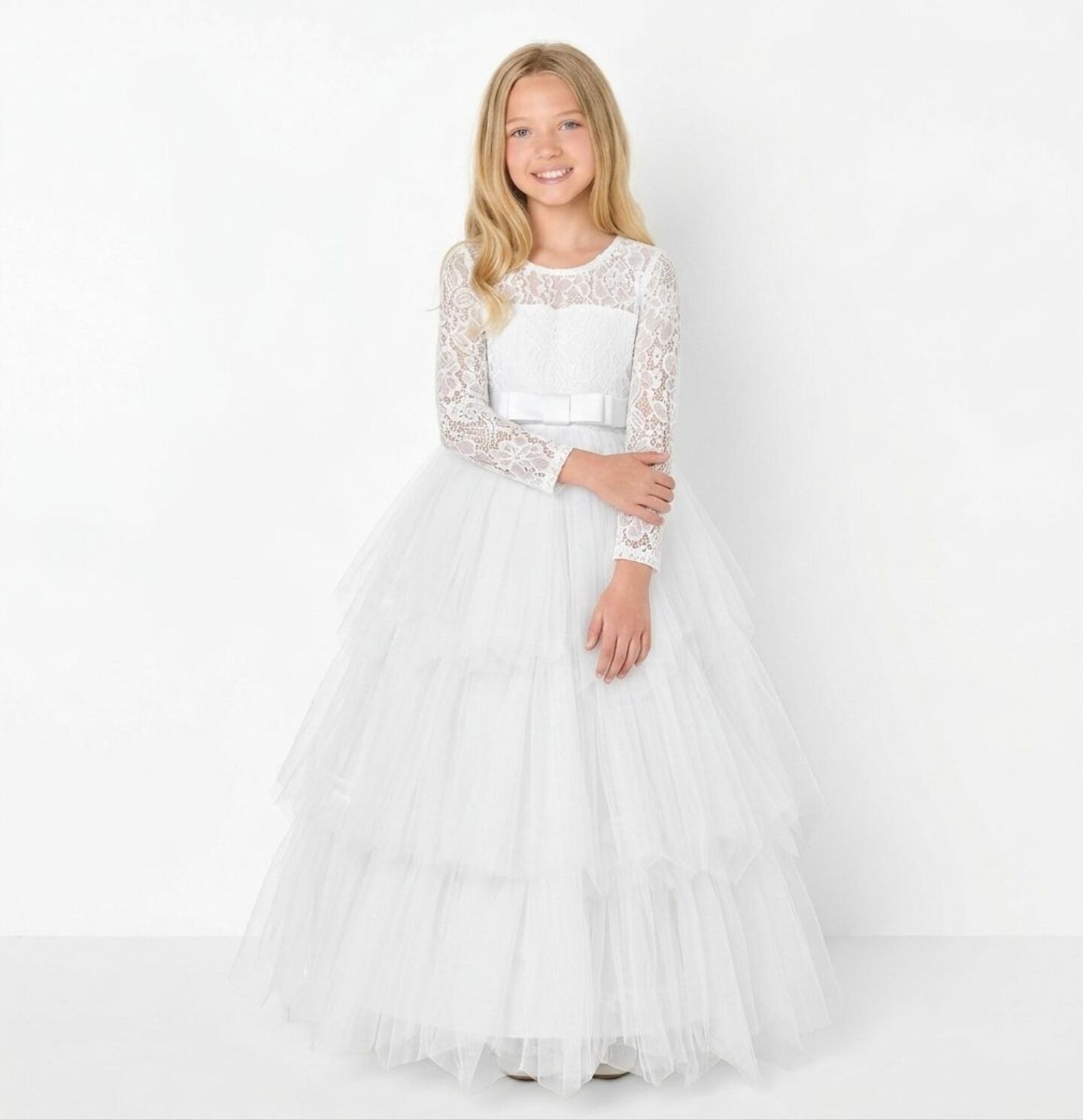 Ann White Lace Long Sleeve Flower Girl Bridesmaid Dress | Lucys