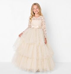 Ann Champagne Lace Long Sleeve Flower Girl Bridesmaid Dress | Lucys