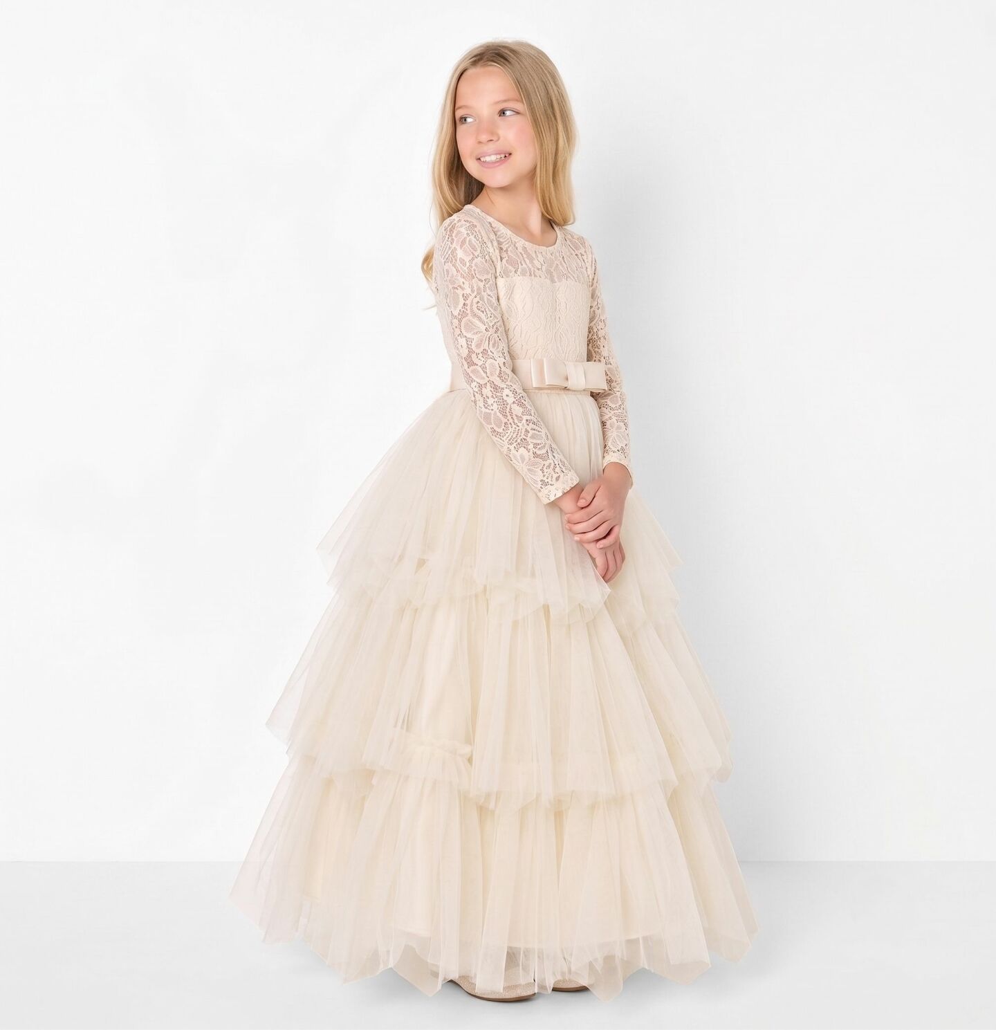 Ann Champagne Lace Long Sleeve Flower Girl Bridesmaid Dress | Lucys