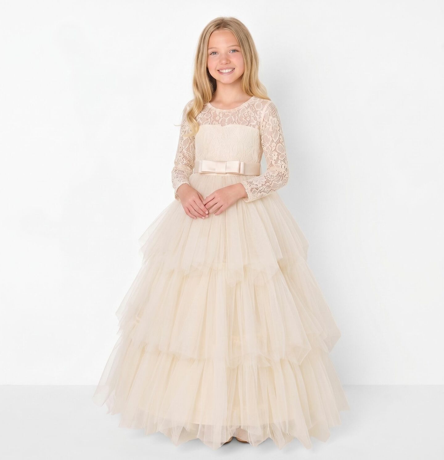 Ann Champagne Lace Long Sleeve Flower Girl Bridesmaid Dress | Lucys