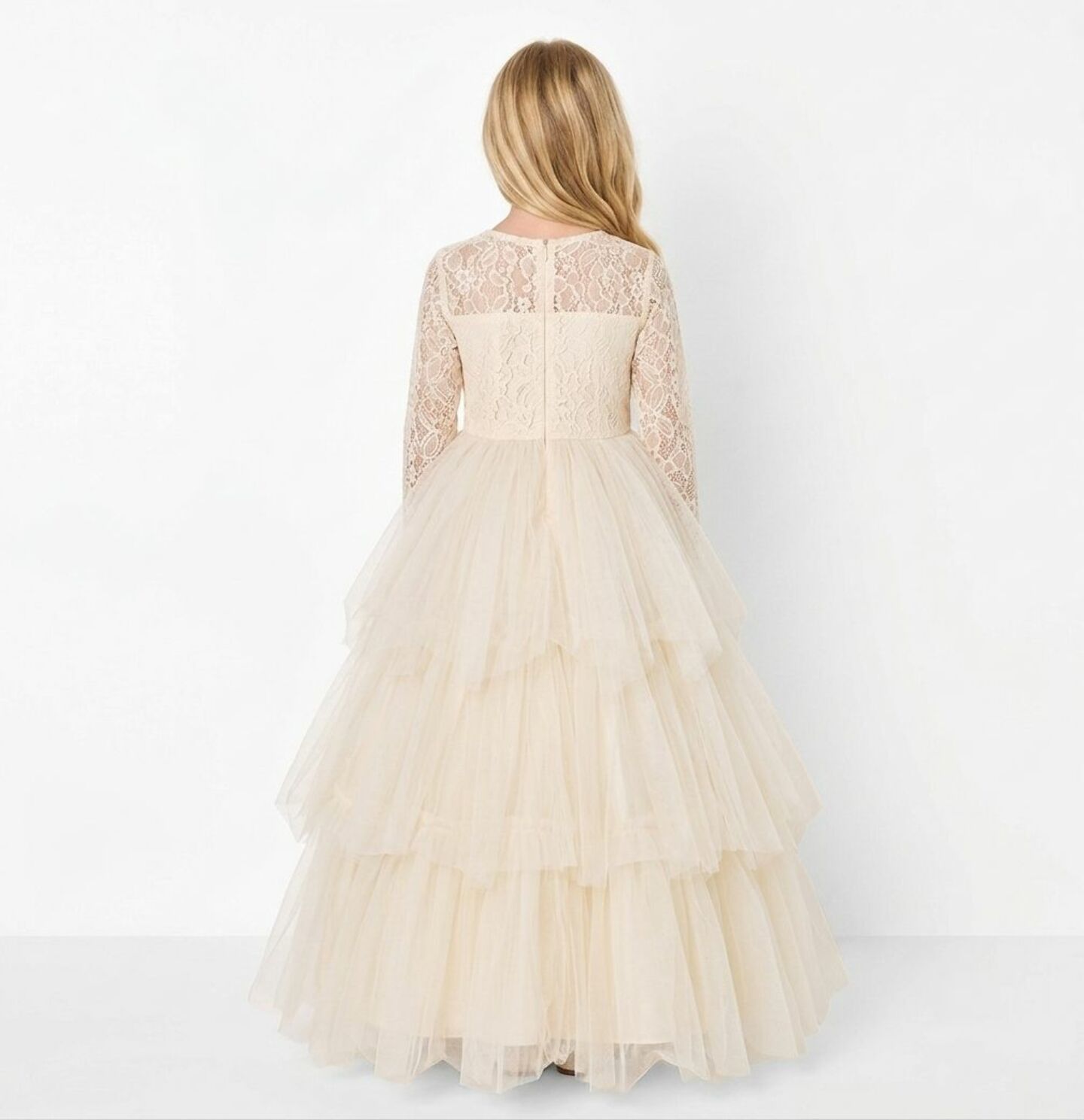 Ann Champagne Lace Long Sleeve Flower Girl Bridesmaid Dress | Lucys