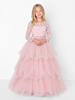 Ann Peach Pink Lace Long Sleeve Flower Girl Bridesmaid Dress | Lucys