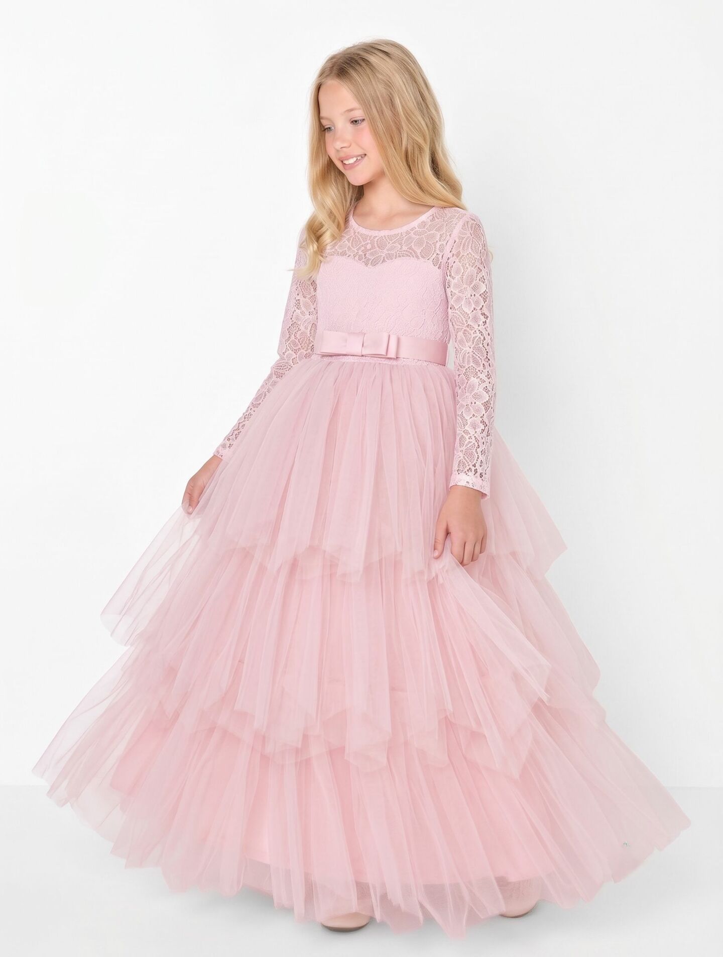 Ann Peach Pink Lace Long Sleeve Flower Girl Bridesmaid Dress | Lucys