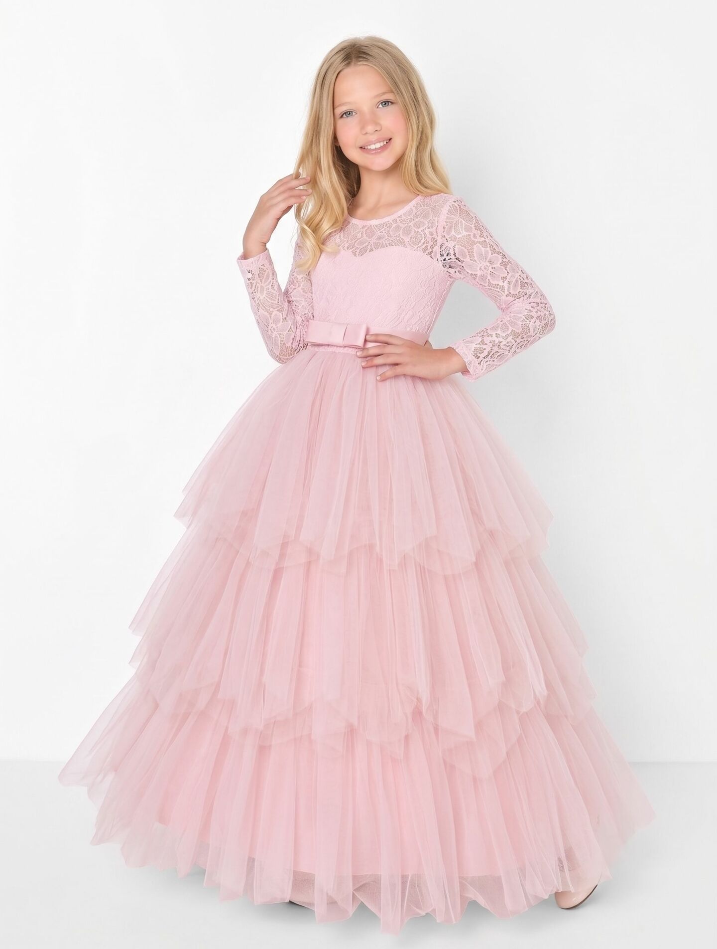 Ann Peach Pink Lace Long Sleeve Flower Girl Bridesmaid Dress | Lucys