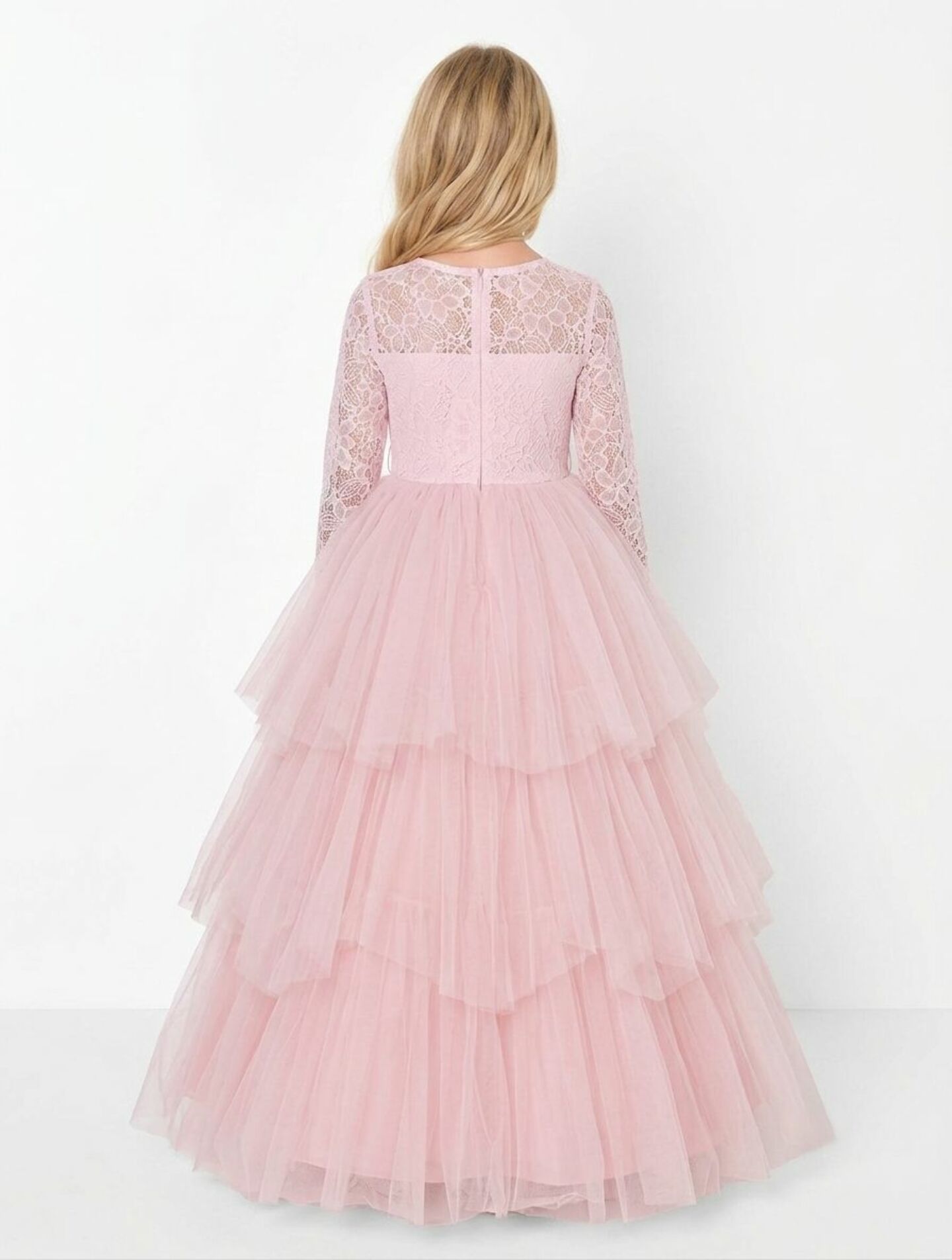 Ann Peach Pink Lace Long Sleeve Flower Girl Bridesmaid Dress | Lucys