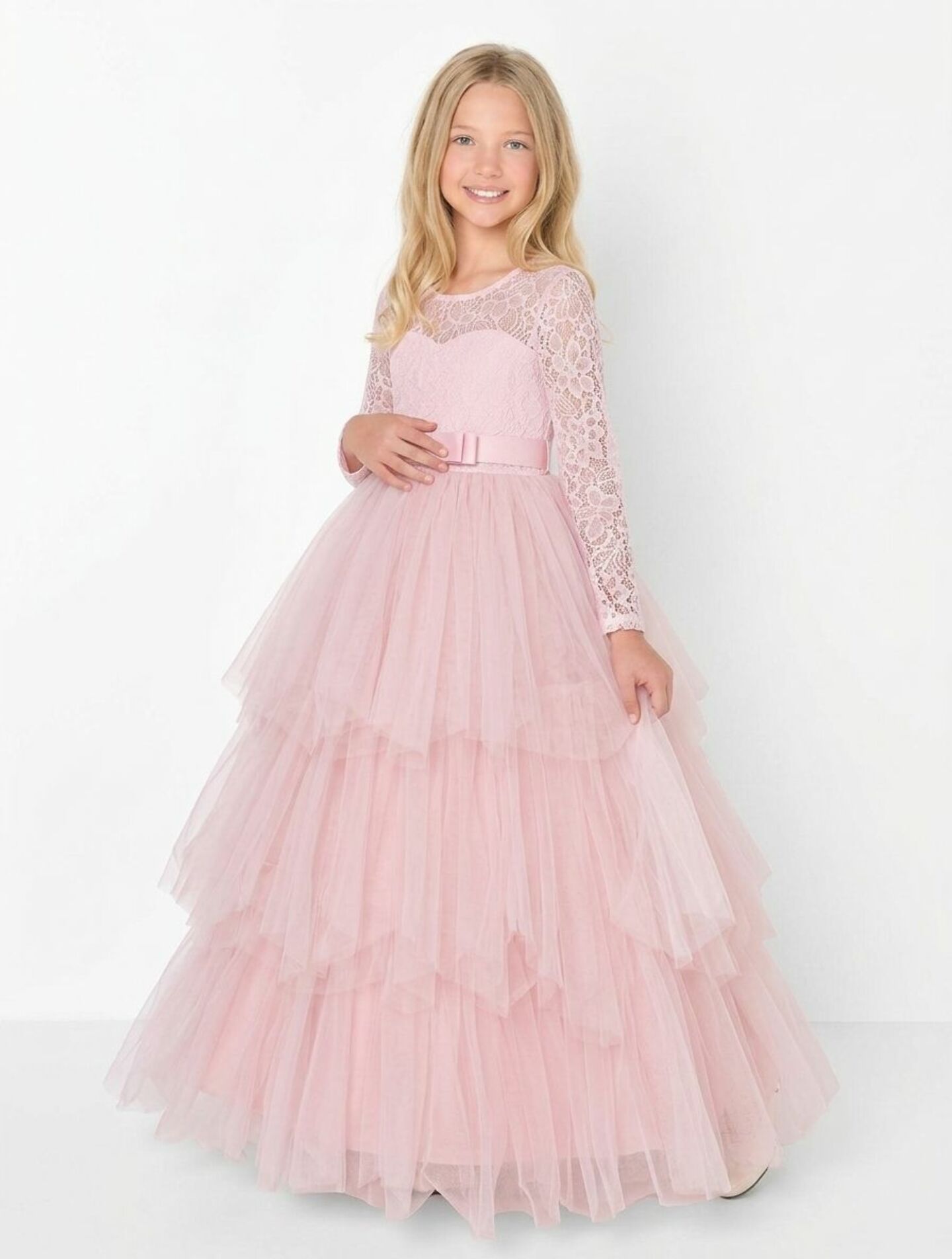 Ann Peach Pink Lace Long Sleeve Flower Girl Bridesmaid Dress | Lucys
