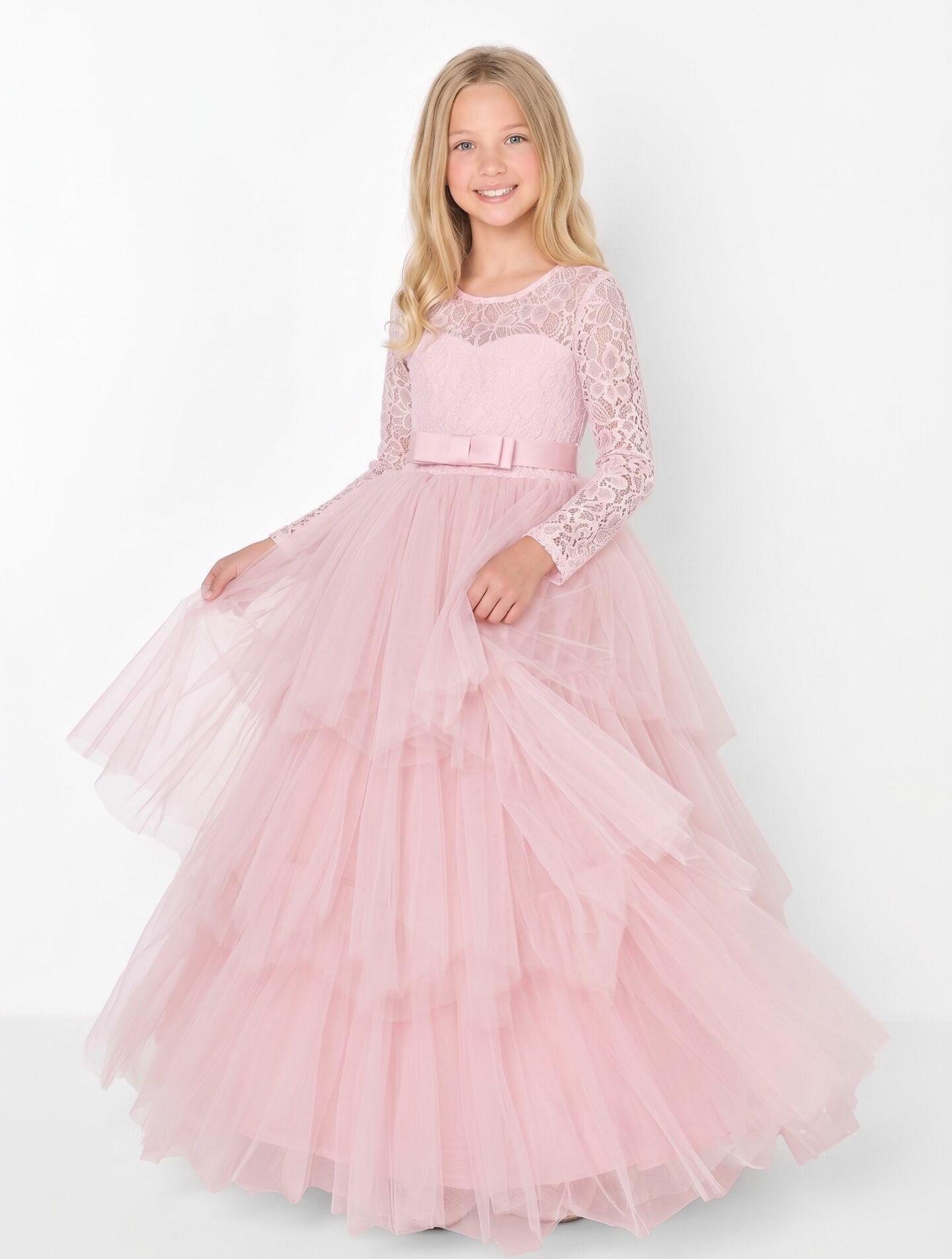 Ann Peach Pink Lace Long Sleeve Flower Girl Bridesmaid Dress | Lucys