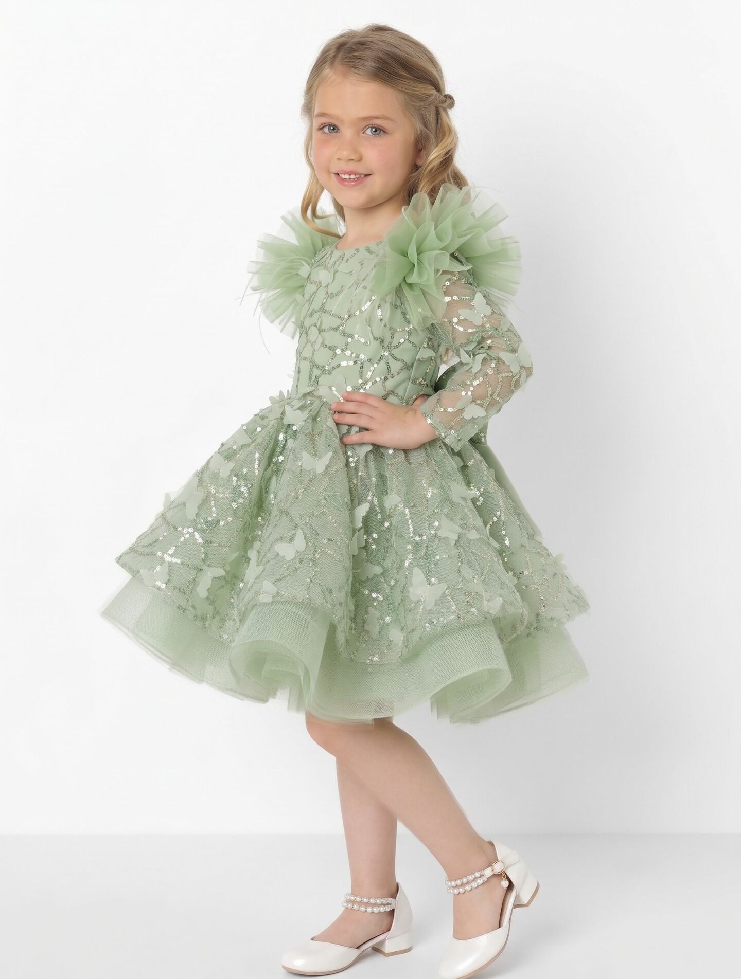 BoBo Sage Green Sequin Butterfly Feather Sleeve Girls Party Dress | Lucys