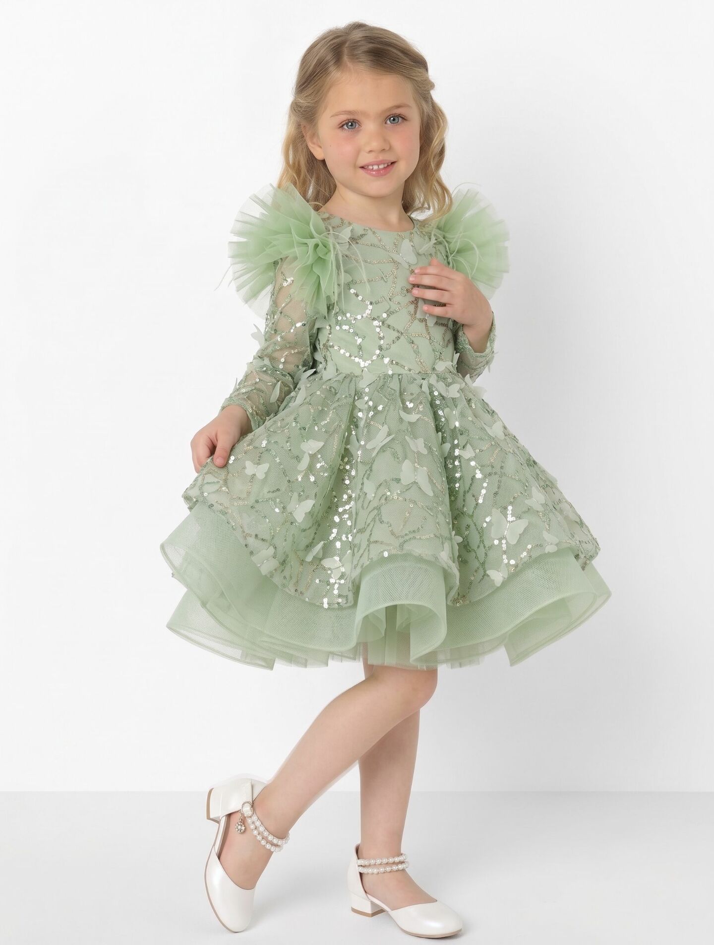 BoBo Sage Green Sequin Butterfly Feather Sleeve Girls Party Dress | Lucys