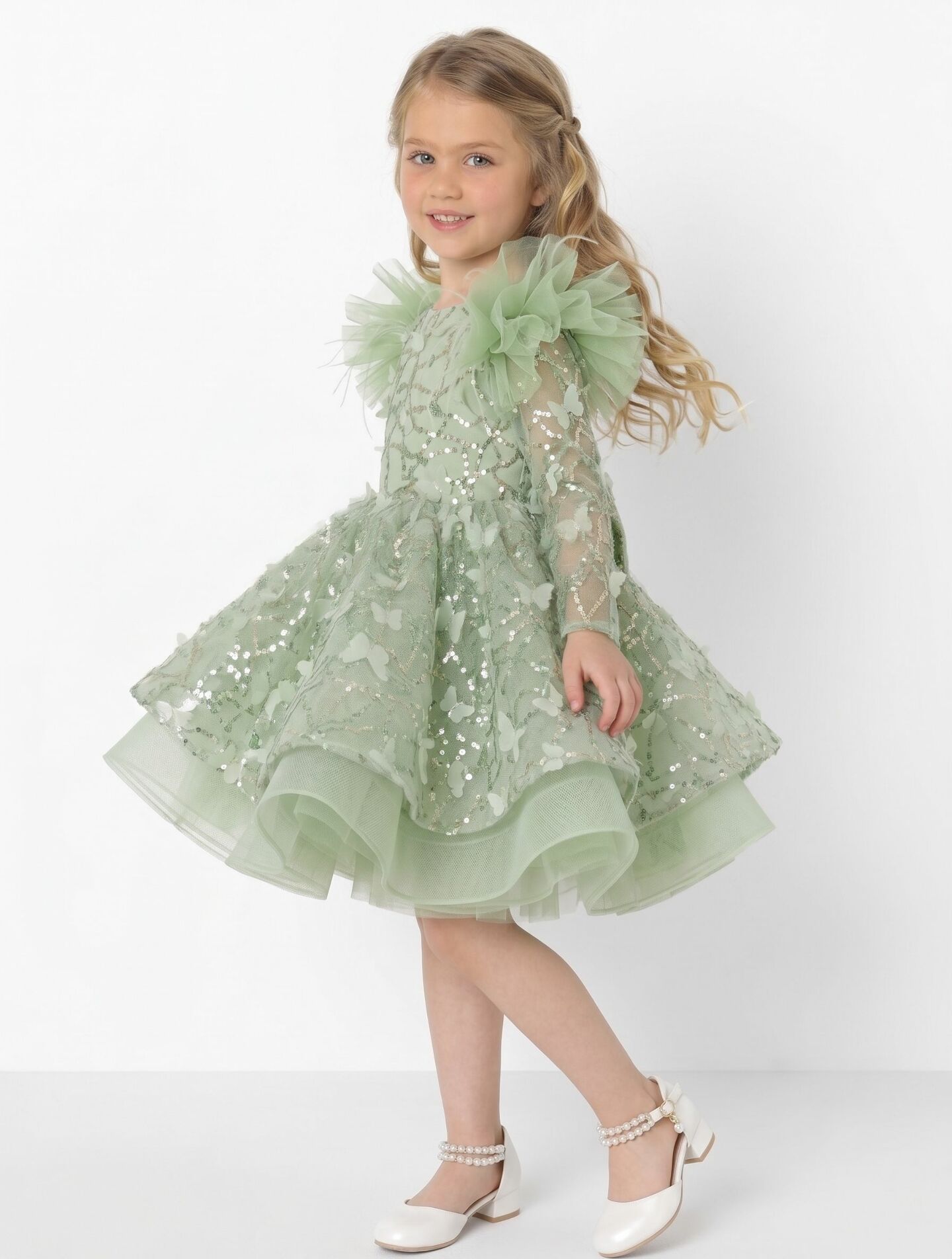 BoBo Sage Green Sequin Butterfly Feather Sleeve Girls Party Dress | Lucys