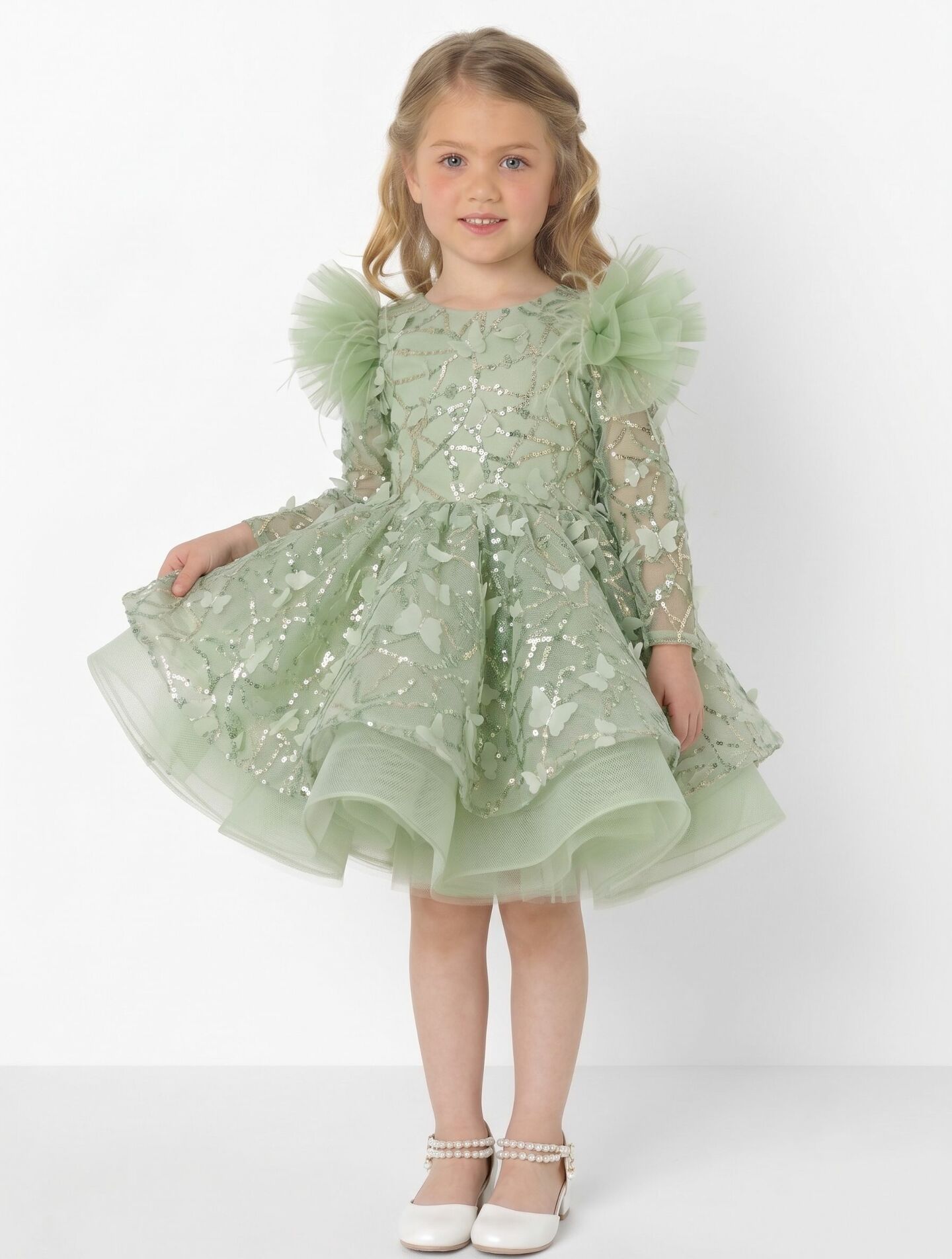 BoBo Sage Green Sequin Butterfly Feather Sleeve Girls Party Dress | Lucys