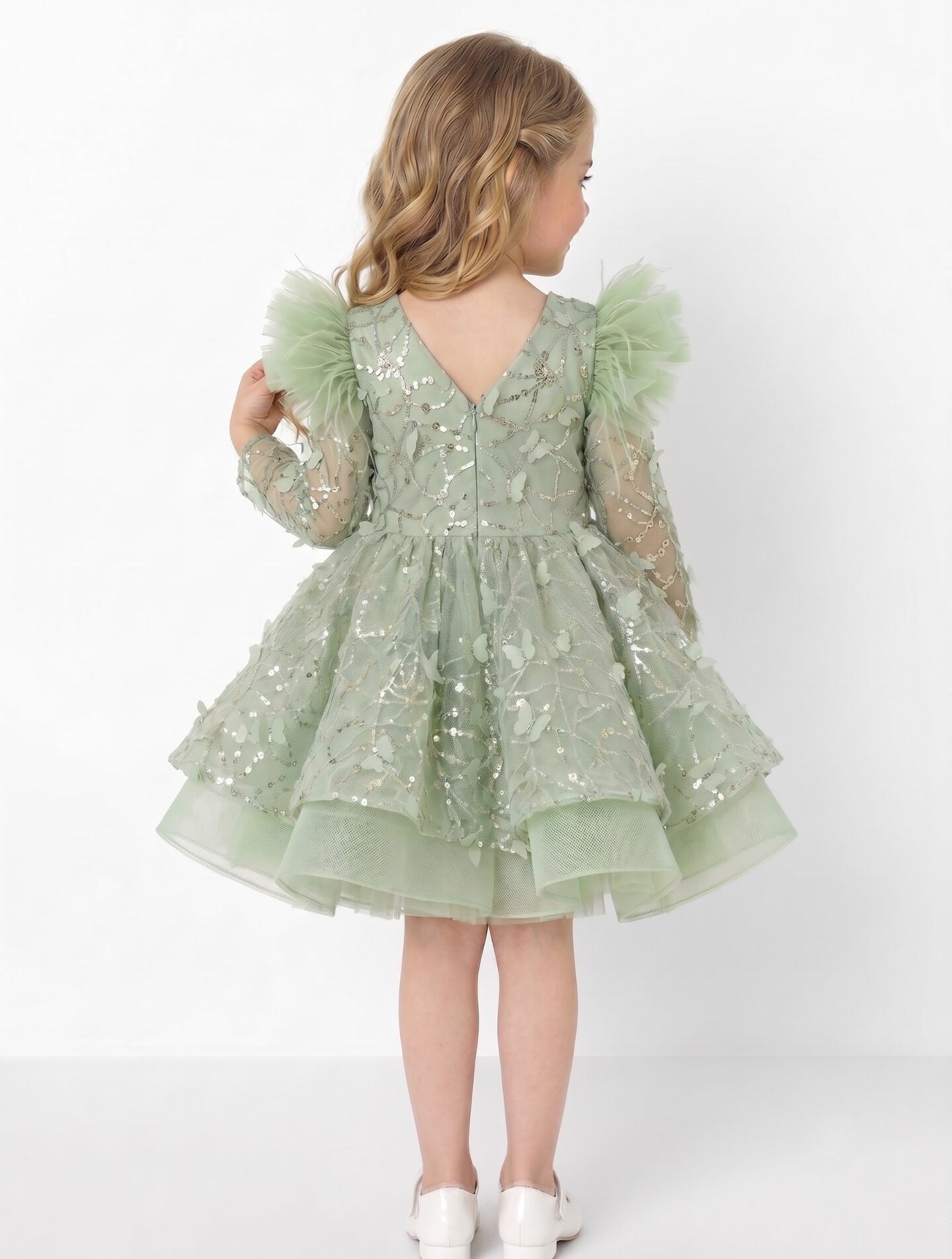 BoBo Sage Green Sequin Butterfly Feather Sleeve Girls Party Dress | Lucys
