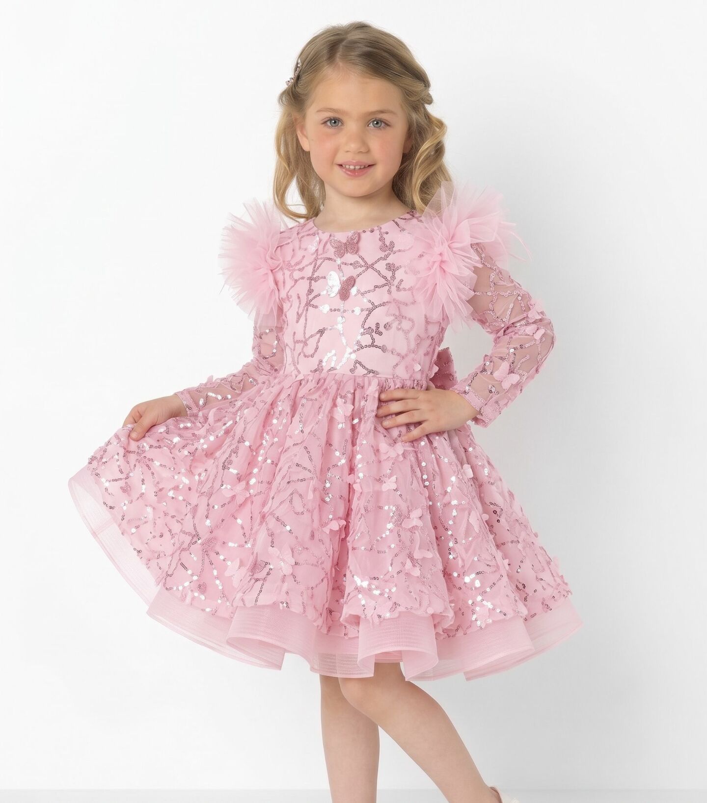BoBo Light Pink Sequin Butterfly Feather Sleeve Girls Party Dress | Lucys