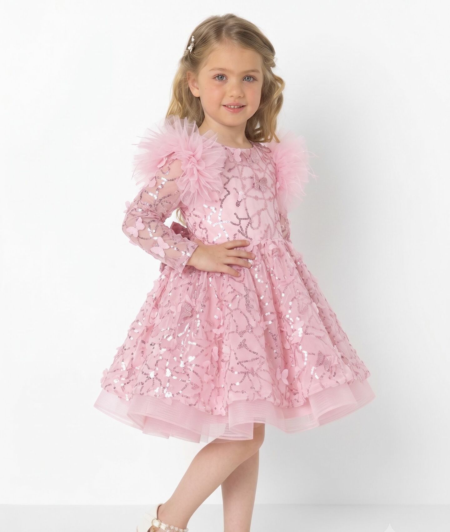 BoBo Light Pink Sequin Butterfly Feather Sleeve Girls Party Dress | Lucys