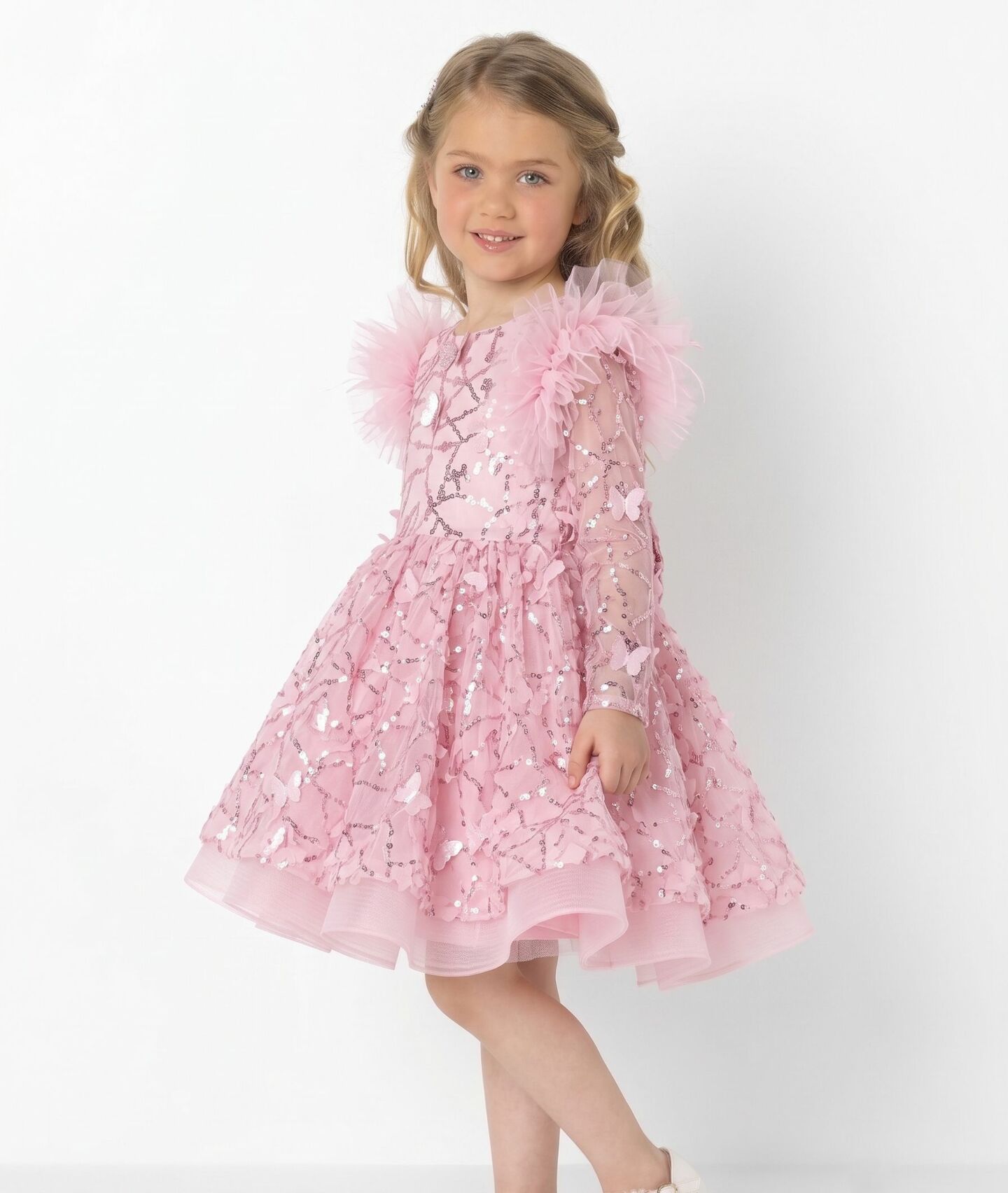 BoBo Light Pink Sequin Butterfly Feather Sleeve Girls Party Dress | Lucys