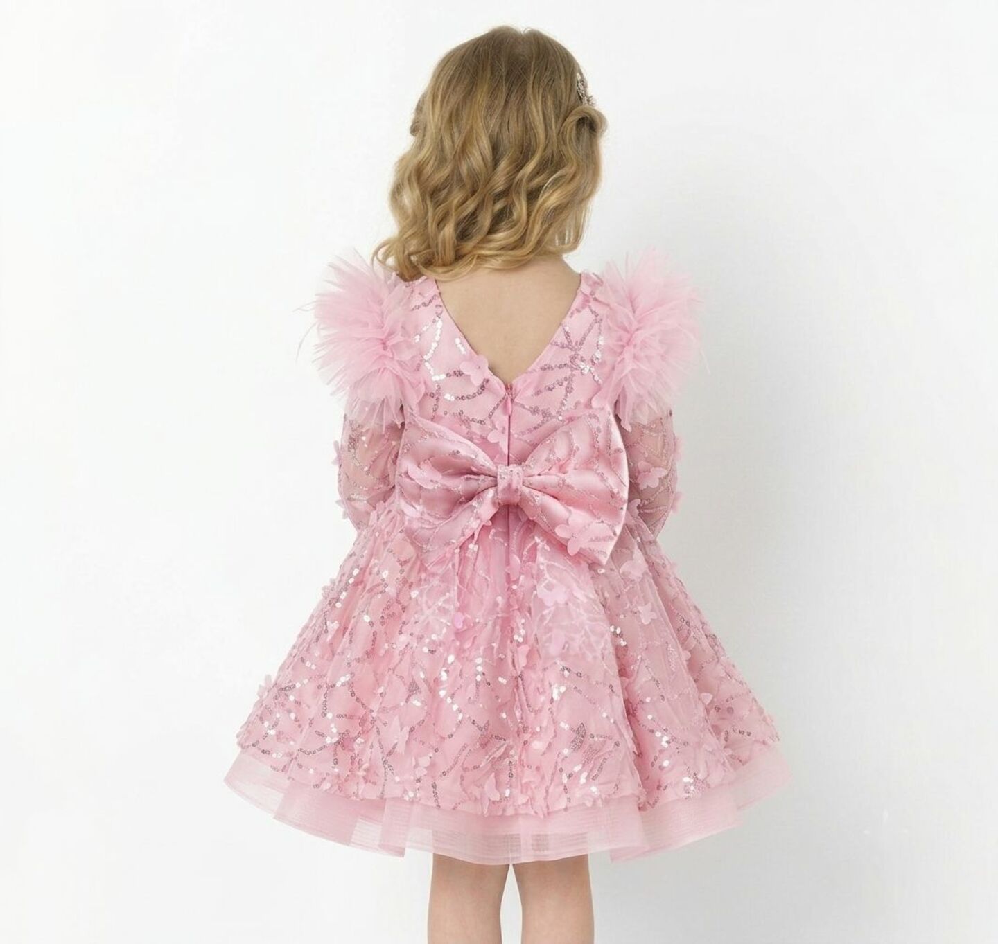 BoBo Light Pink Sequin Butterfly Feather Sleeve Girls Party Dress | Lucys