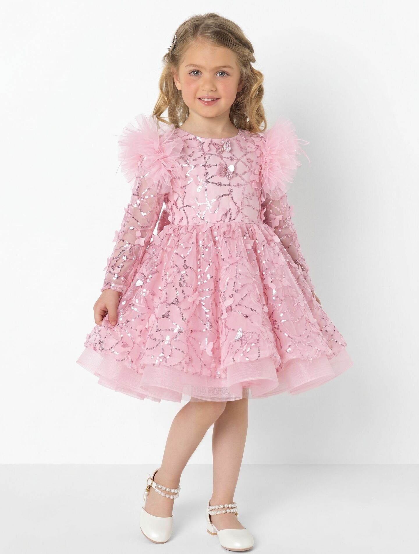 BoBo Light Pink Sequin Butterfly Feather Sleeve Girls Party Dress | Lucys