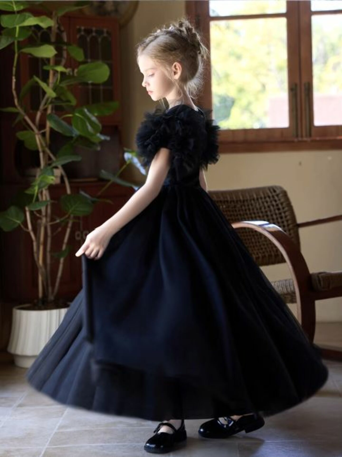Malin Black Satin Tulle Ruffle Sleeve Girls Prom Dress | Lucys