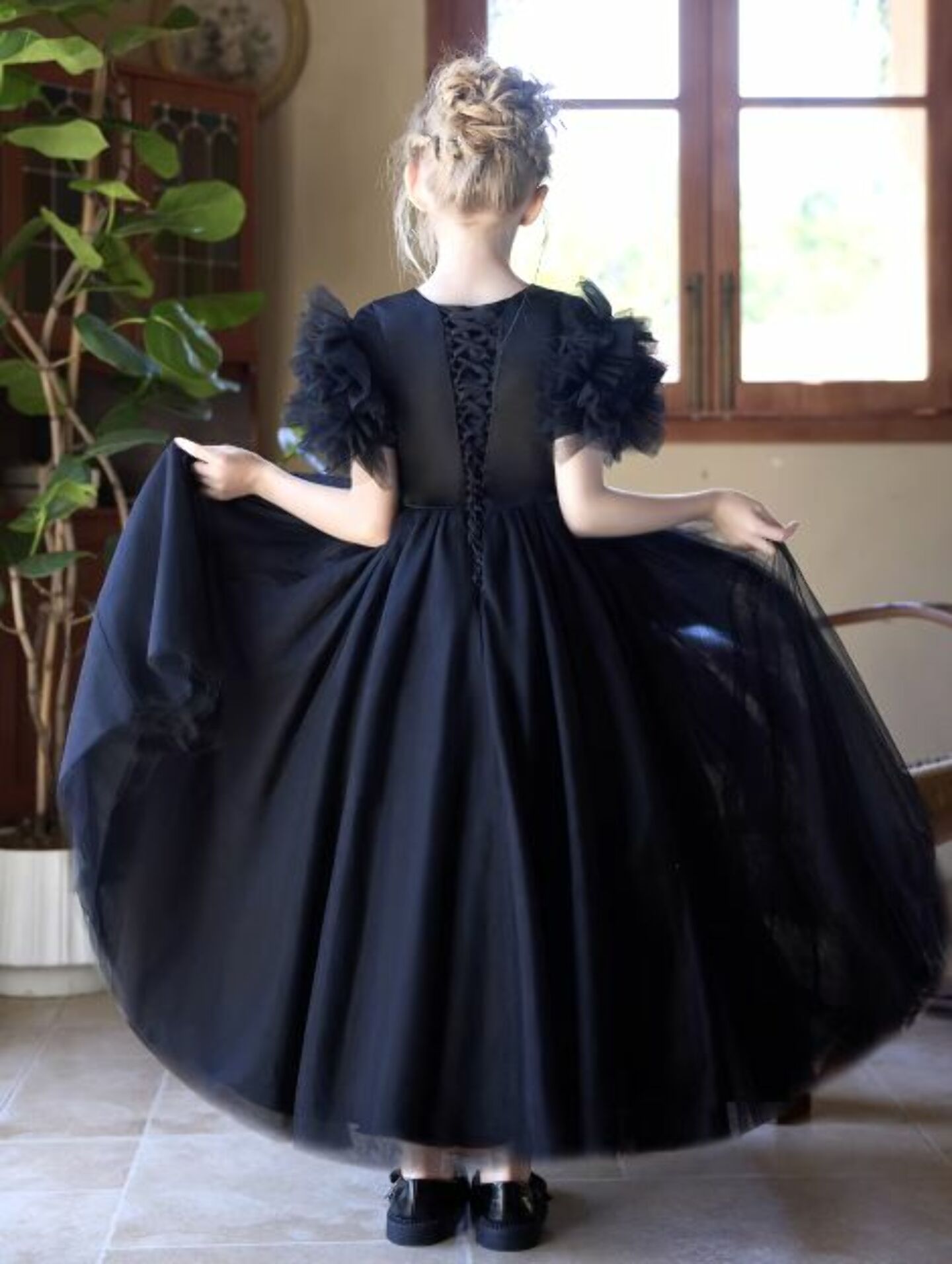Malin Black Satin Tulle Ruffle Sleeve Girls Prom Dress | Lucys