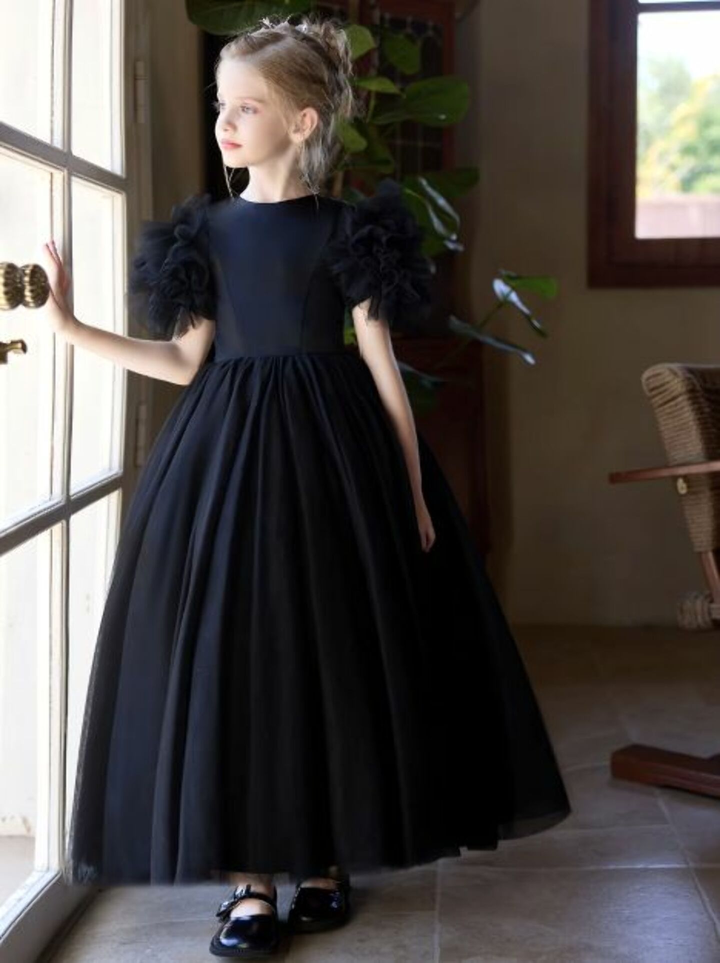 Malin Black Satin Tulle Ruffle Sleeve Girls Prom Dress | Lucys