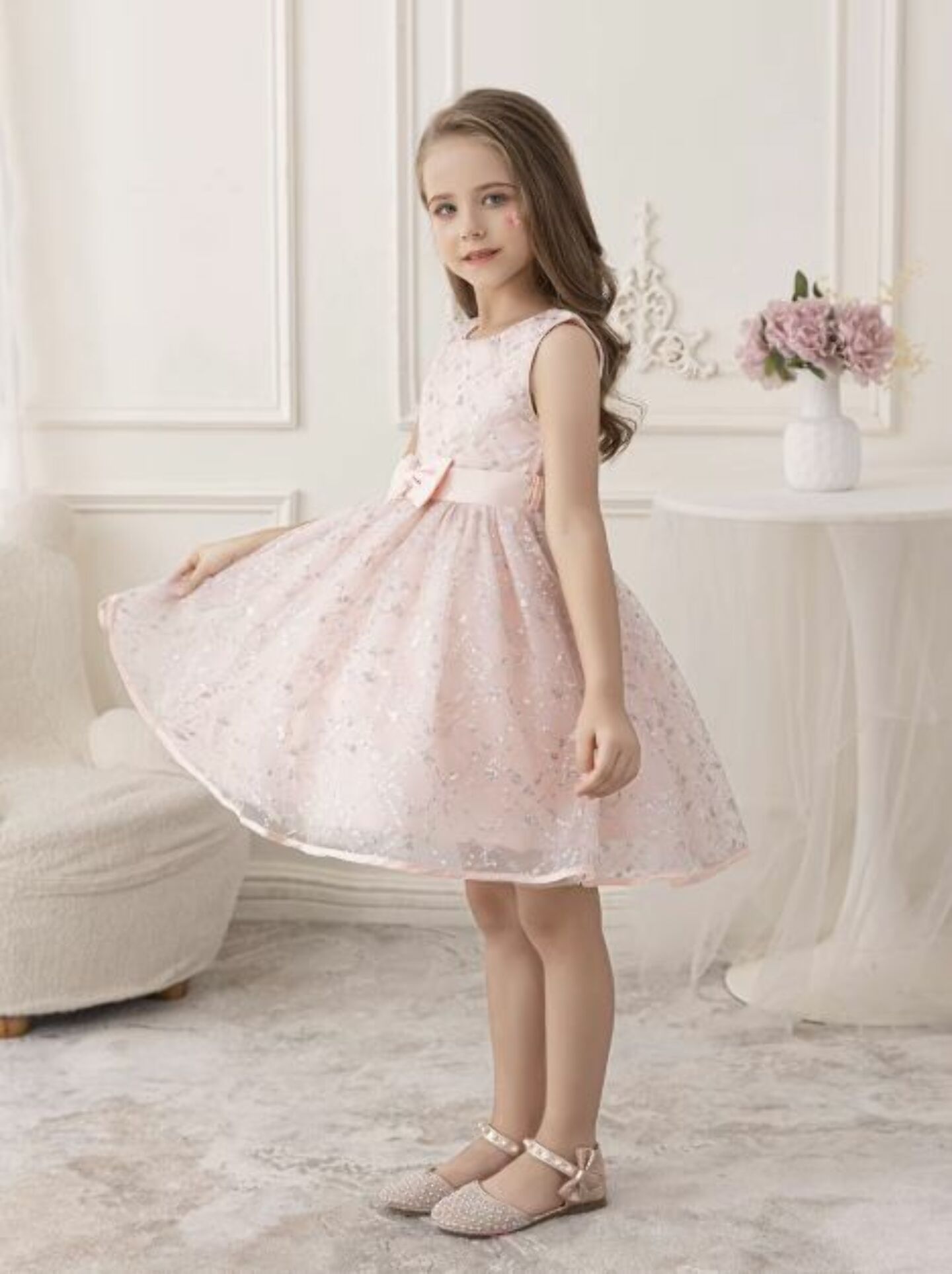 Hedy Peach Pink Sequin Bow Tulle Girls Party Dress | Lucys