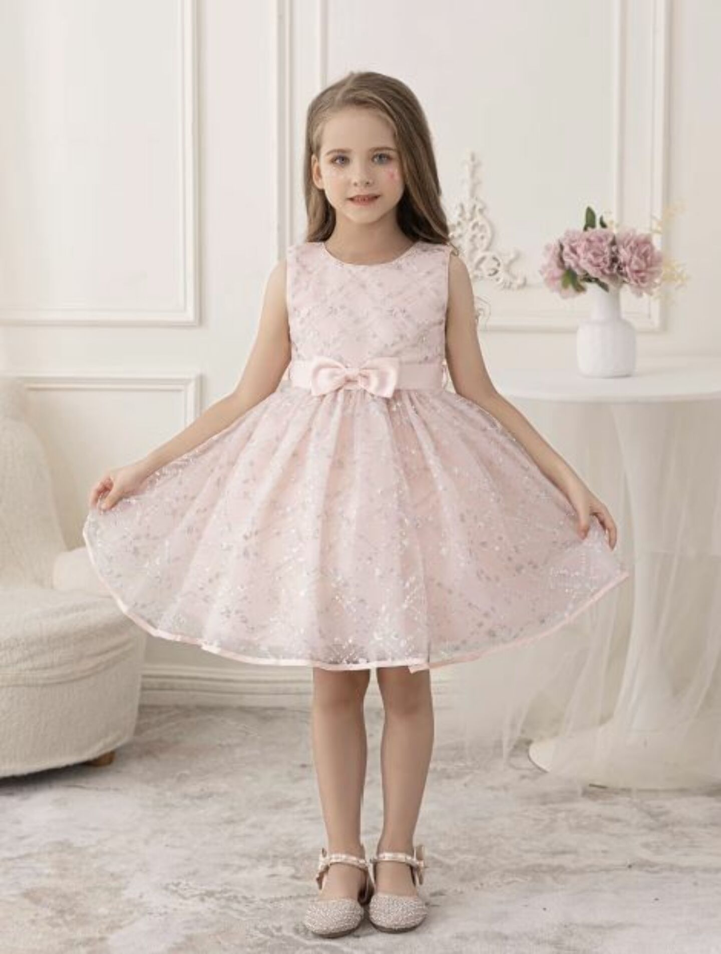 Hedy Peach Pink Sequin Bow Tulle Girls Party Dress | Lucys
