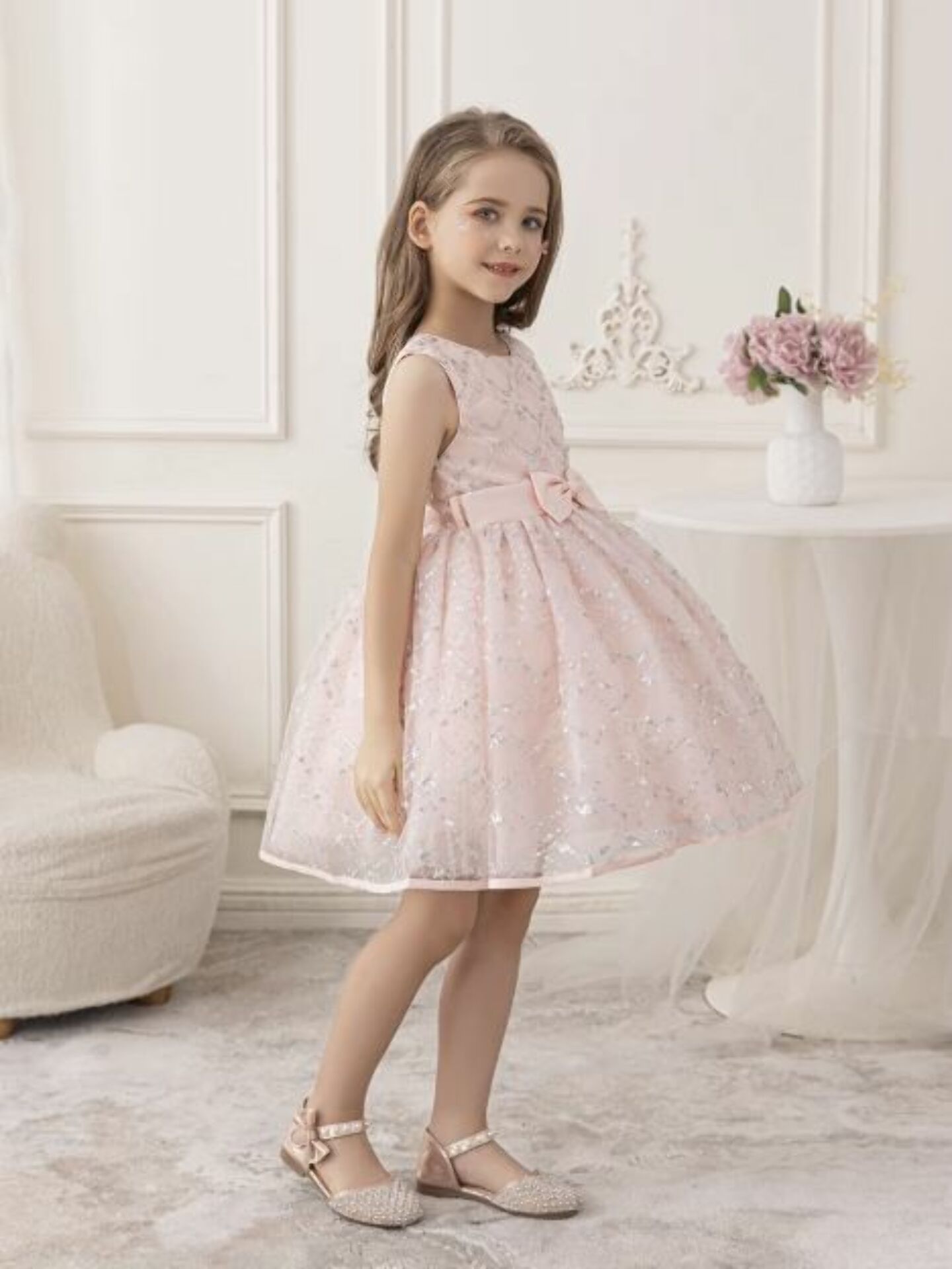 Hedy Peach Pink Sequin Bow Tulle Girls Party Dress | Lucys