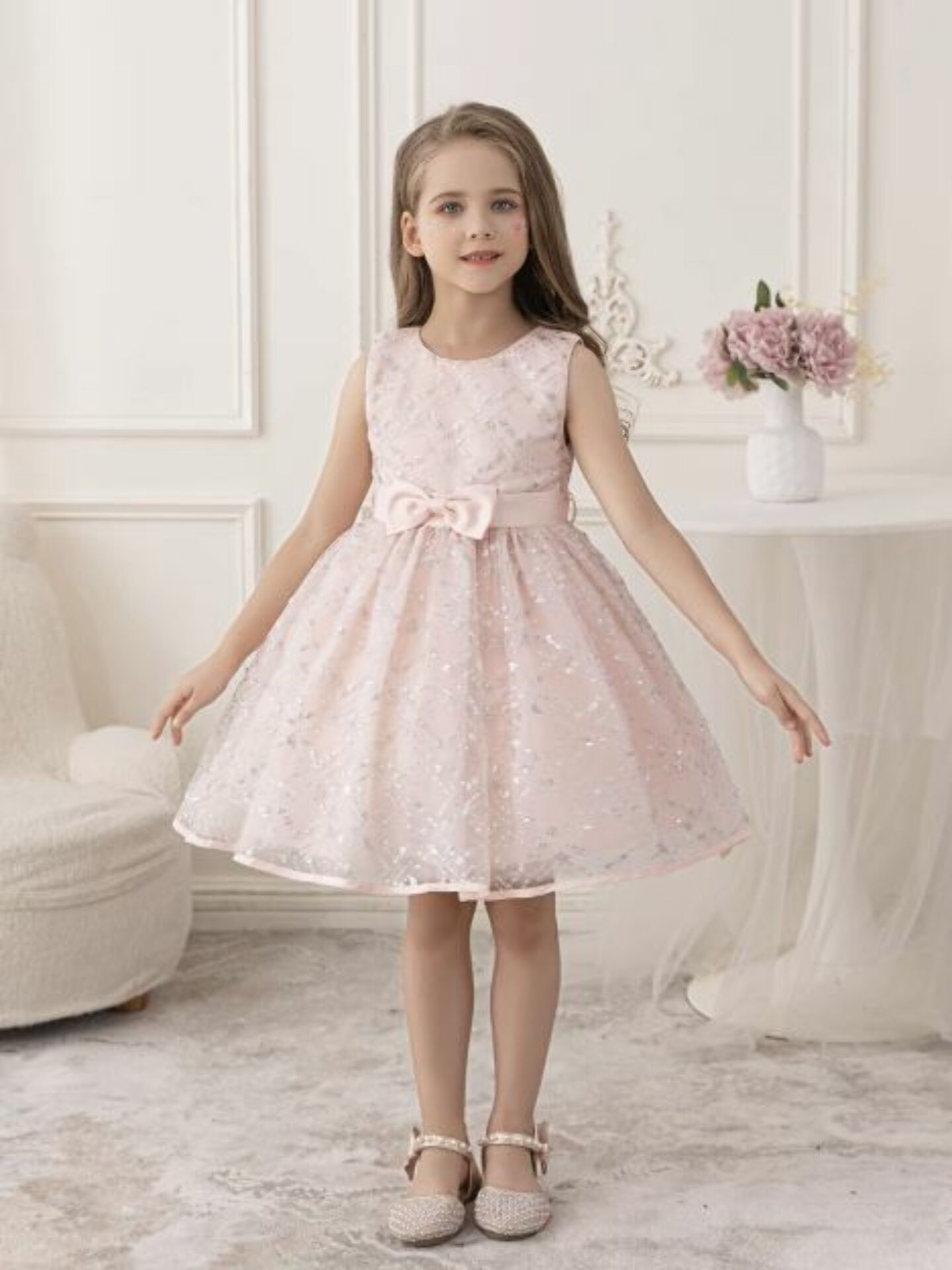 Hedy Peach Pink Sequin Bow Tulle Girls Party Dress | Lucys