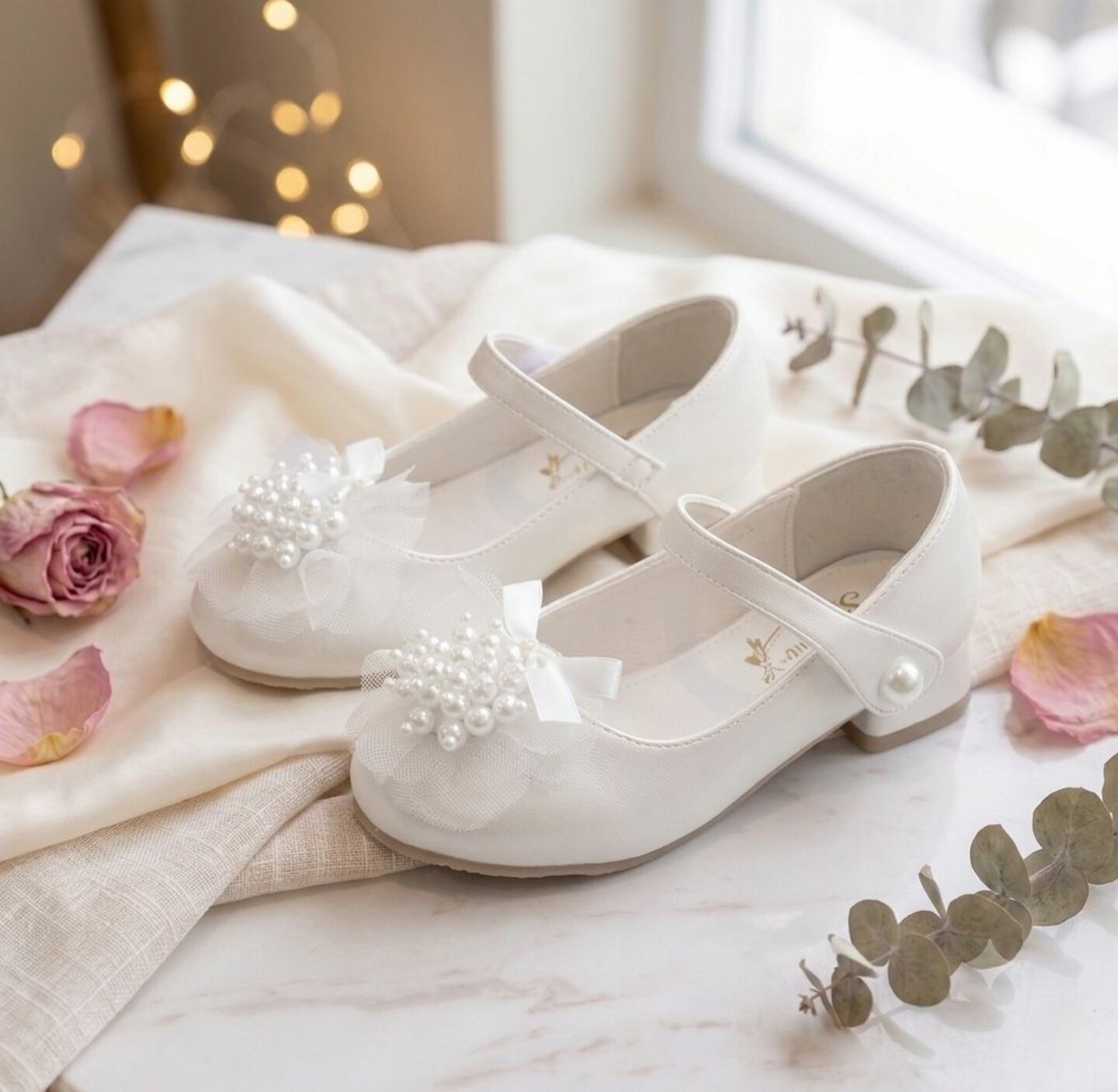 Girls White Pearl Cluster Flower Mary Jane Low Block Heel Dress Shoes | Lucys