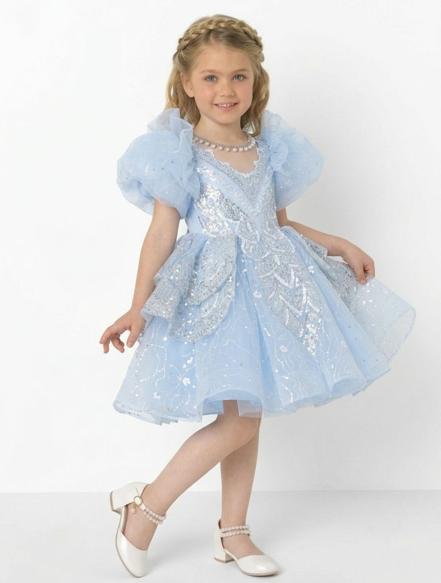 Yumi Light Blue Beaded Bodice Tiered Ruffle Girls Party Dress | Lucys