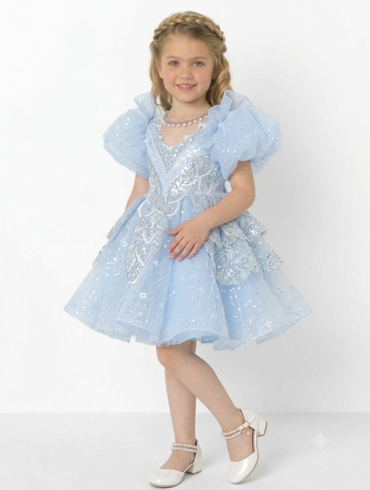 Yumi Light Blue Beaded Bodice Tiered Ruffle Girls Party Dress | Lucys