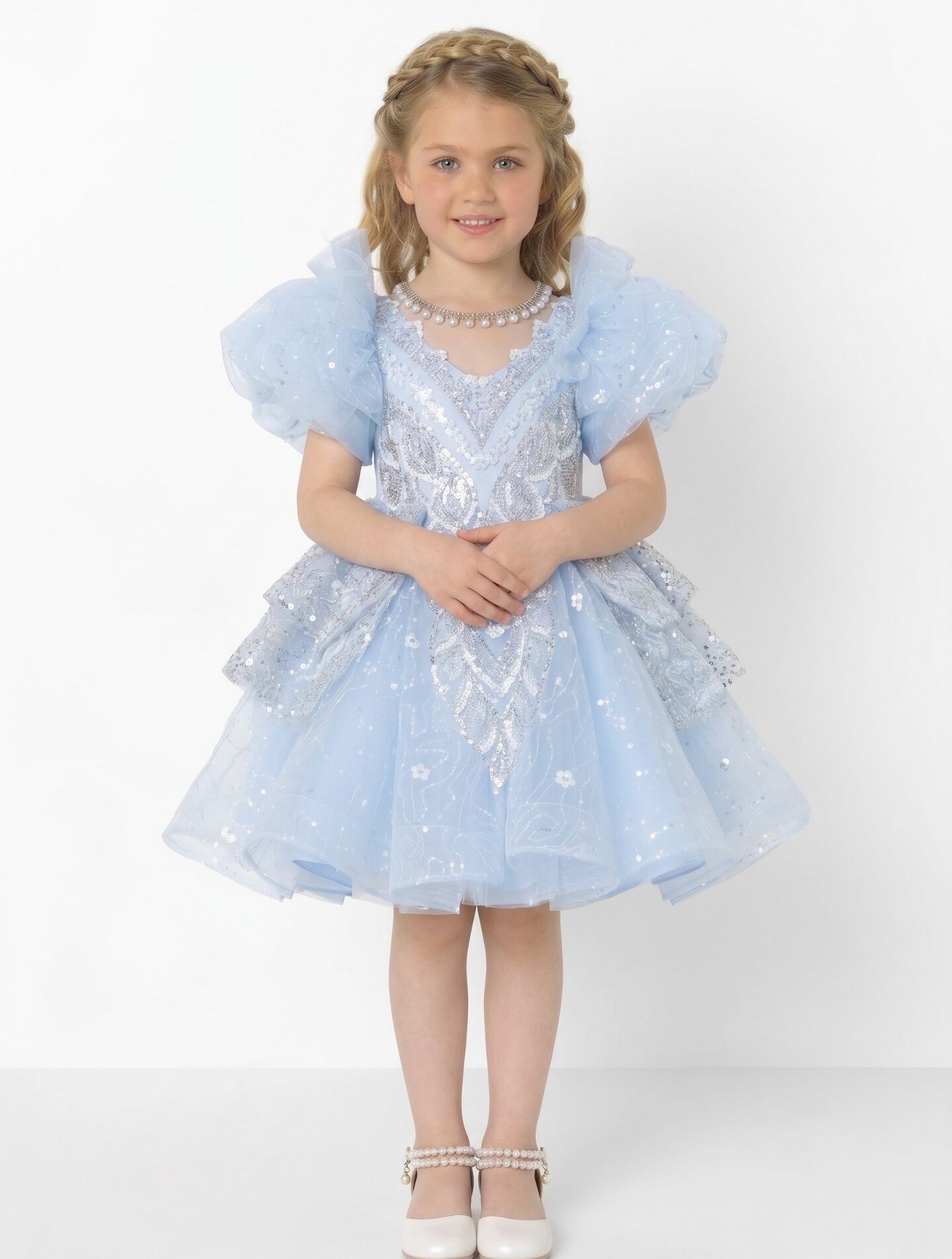 Yumi Light Blue Beaded Bodice Tiered Ruffle Girls Party Dress | Lucys