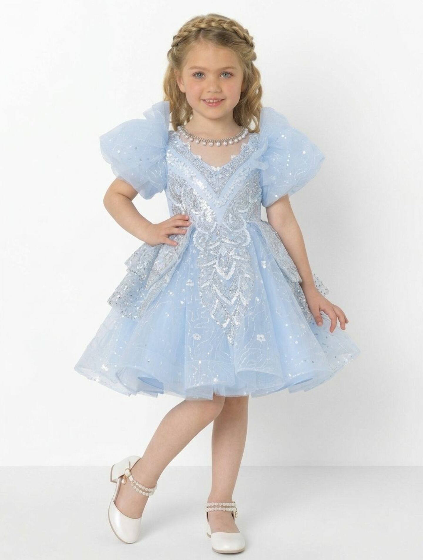 Yumi Light Blue Beaded Bodice Tiered Ruffle Girls Party Dress | Lucys