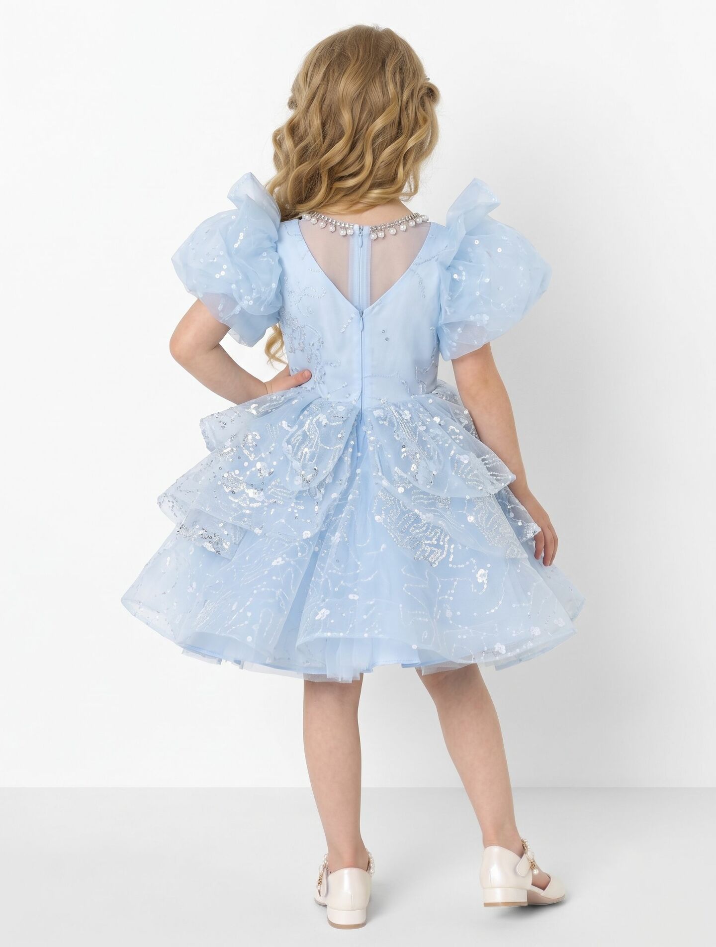 Yumi Light Blue Beaded Bodice Tiered Ruffle Girls Party Dress | Lucys