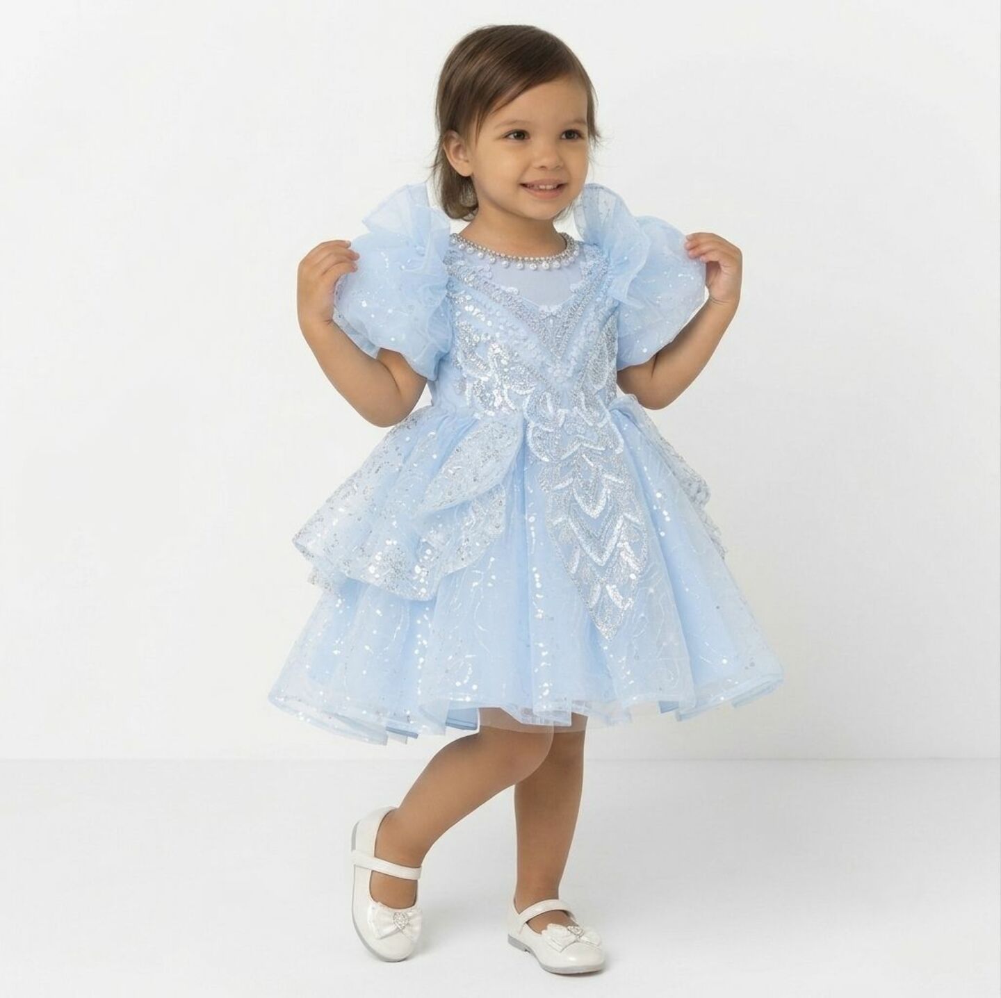 Yumi Light Blue Beaded Bodice Tiered Ruffle Toddler Party Dress | Lucys