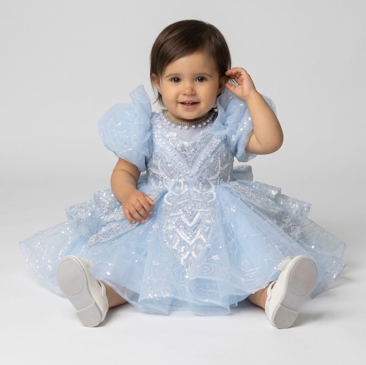 Yumi Light Blue Beaded Bodice Tiered Ruffle Baby Party Dress | Lucys