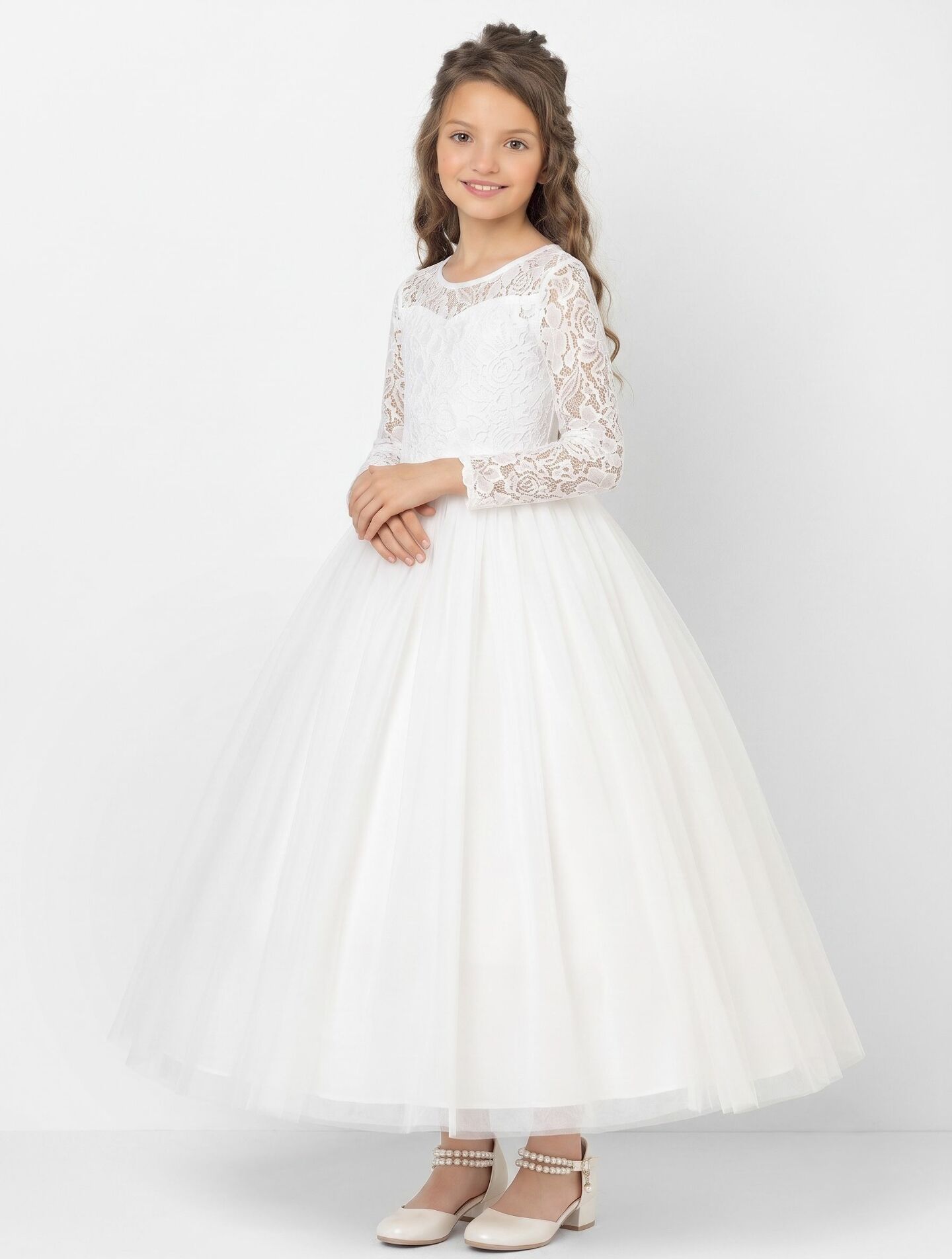 Jennifer White Lace Long Sleeve Communion Flower Girl Dress | Lucys