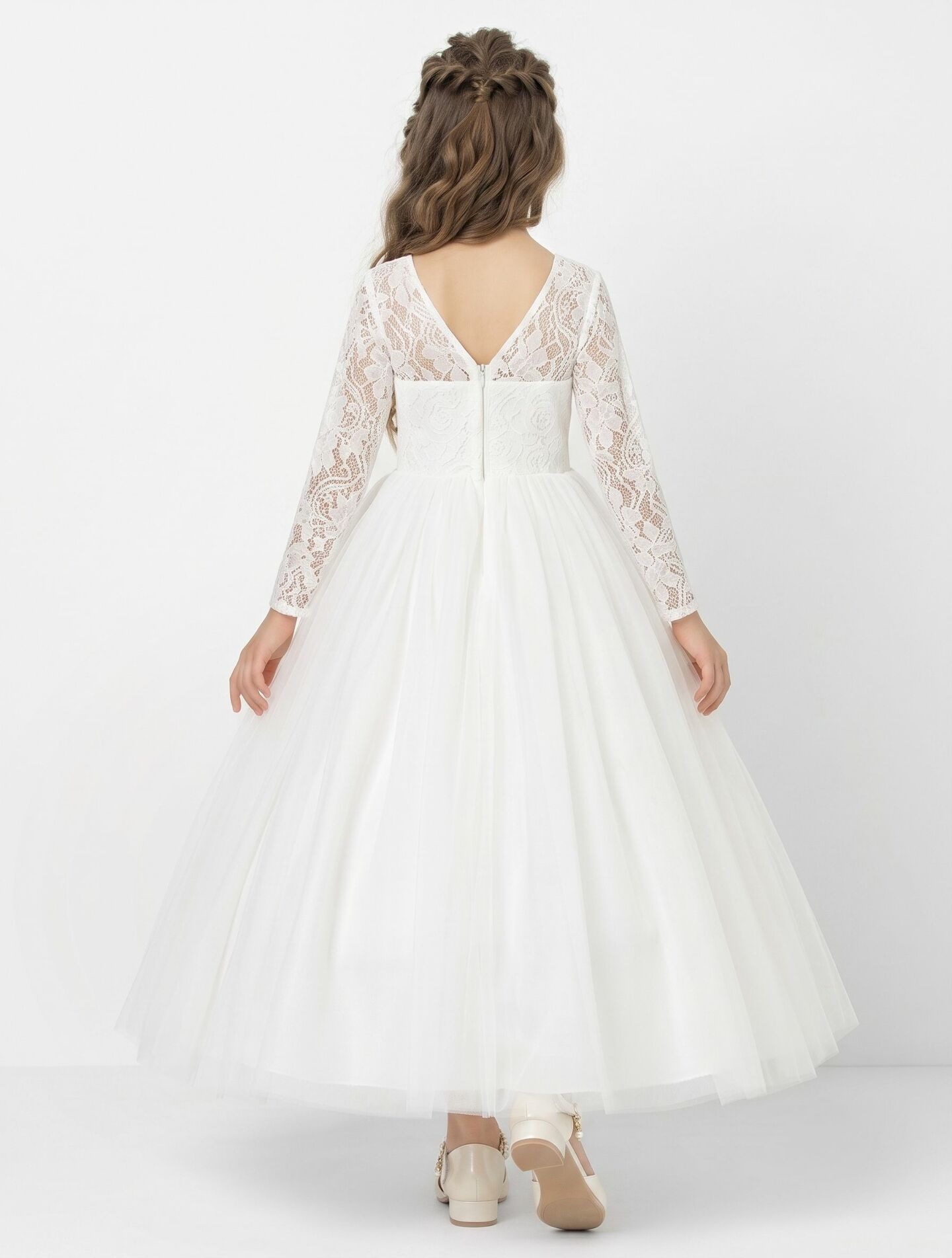 Jennifer White Lace Long Sleeve Communion Flower Girl Dress | Lucys