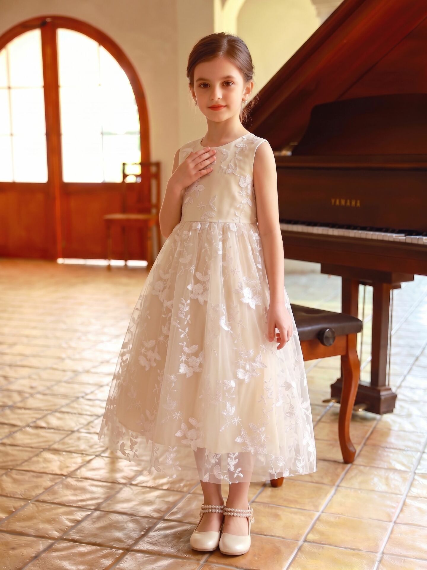 Nancy Champagne Botanical Lace Sleeveless Flower Girl Dress | Lucys